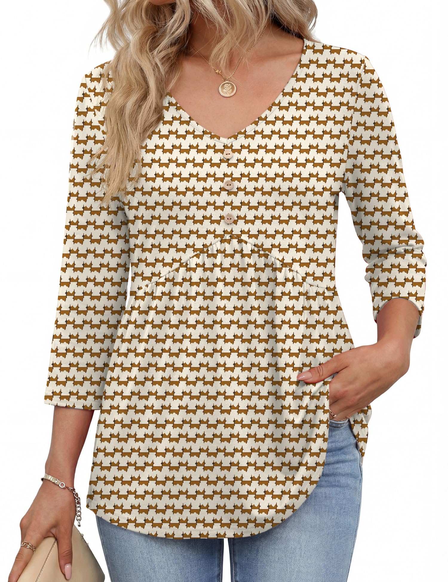 Rapbin Bluse Damen 3/4 Arm Shirt V-Ausschnitt Oberteil Elegant Button Blusenshirt Sommer Tops Locker Shirt Lässig Tunika Business Outfit