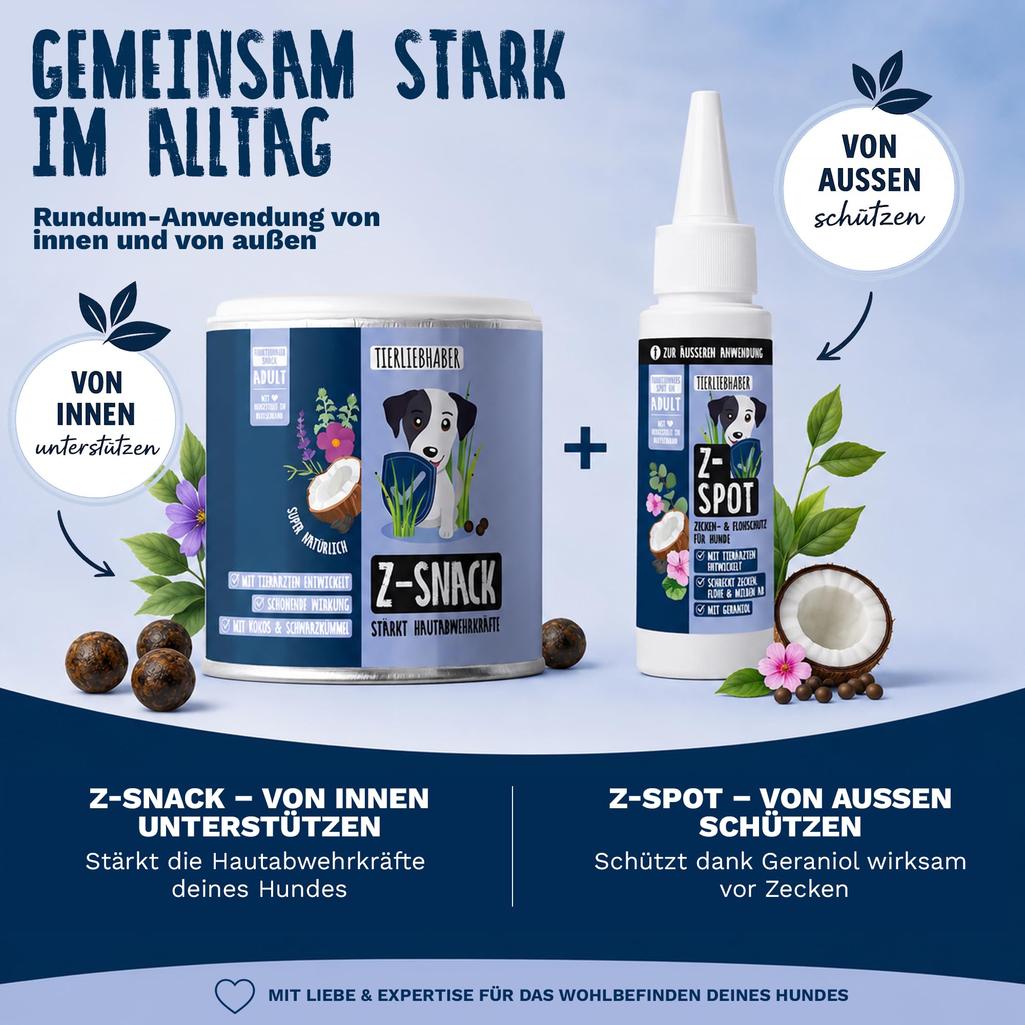 Zeckenschutz Hund Z-Spot mit Geraniol – Pflanzliches Zeckenmittel für Hunde tierärztlich entwickelt – Spot On Hund mit Schwarzkümmel- & Kokosöl – Floh und Zeckenschutz für Hunde 50ml von TIERLIEBHABER