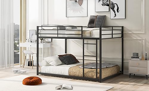 Miniatura 4 de HomJoones Litera de metal con escalera, litera baja de tamaño matrimonial sobre matrimonial, con rieles de protección de seguridad para niños y