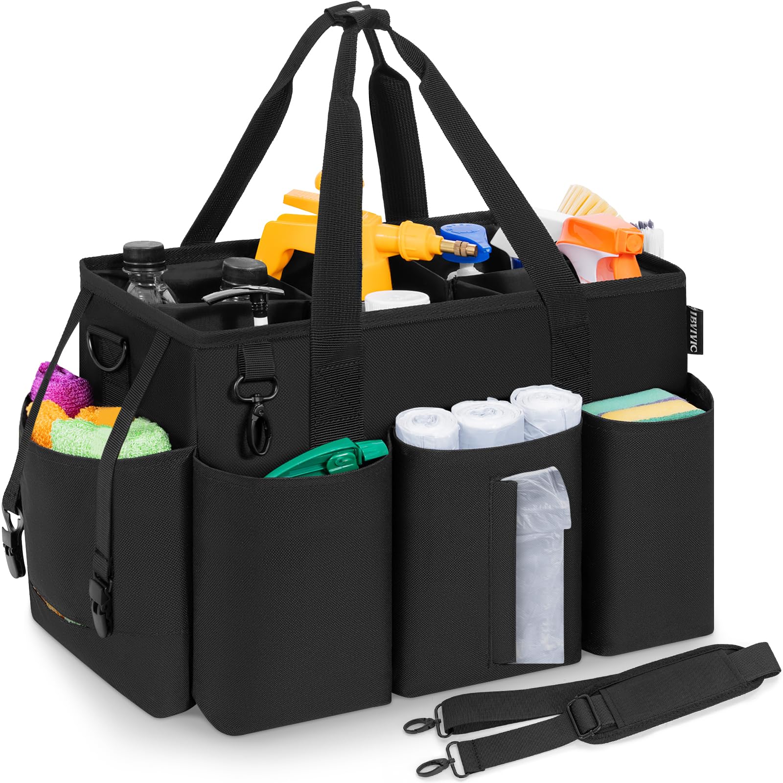 FREEAMG Cleaning Caddy Bag with Detachable Dividers, Cleaning Products Organiser with Handles & Adjustable Shoulder Strap, Large Cleaning Tote Bag for Cleaning Products, Cleaners & Housekeepers(Black)