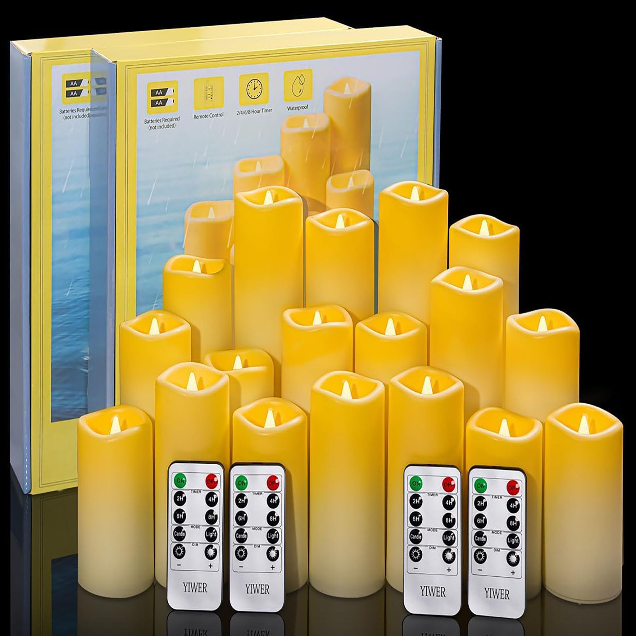 YIWER Waterproof led Flameless Candles - Outdoor Indoor Battery Operated Flickering Candle with Remote Timers, Won't Melt,Ivory Plastic Set of 18 D2.2 x H4 5" 6" 7" 8" 9" for Party Decoration