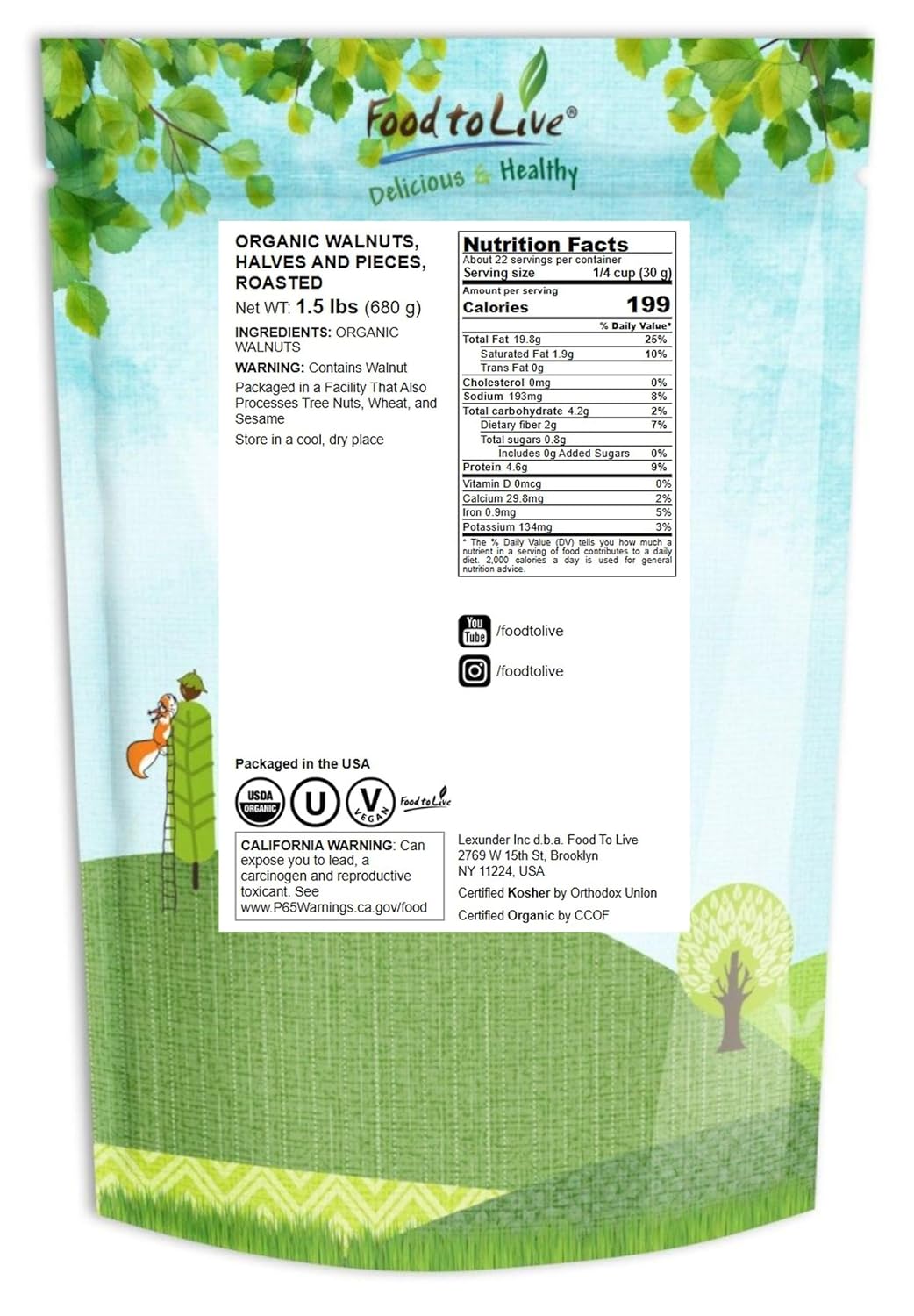 Food to Live Organic Dry Roasted Walnut Halves and Pieces, 1.5 Pounds – Oven Toasted, Unsalted, Great for Baking and Cooking. Non-GMO, Vegan, Kosher, Bulk