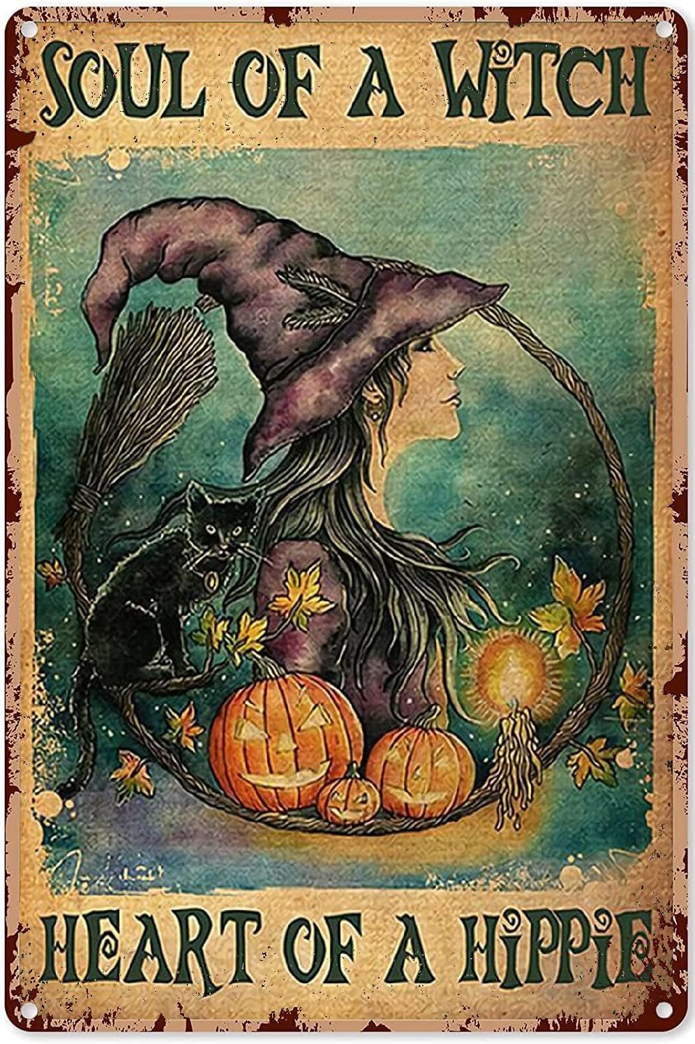 Acdoet Tin-05 Hippie Decortions For Home Peace Decortions Hippy Wall Art Witch Halloween Soul Of A Witch Heart Of A Hippie Poster Hippy Room Decor,Vintage Metal Aluminium Sign 12X16 Inch