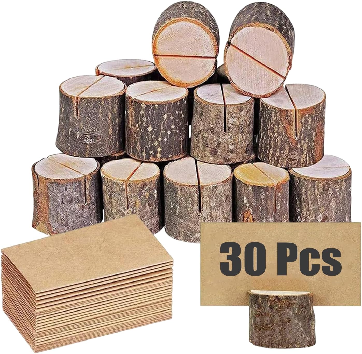 30Pcs Wood Table Place Card Name Holders, Rustic Holders And Kraft Cards, Wedding Menu Wooden Holders.
