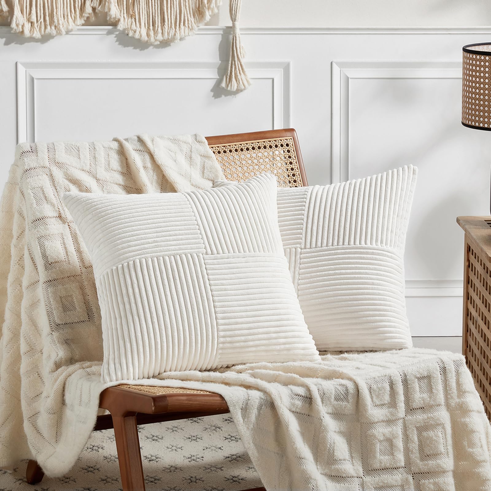 FDTERN Decorative Throw Pillow Covers 28 x 28 Inch for Living Room Couch Bed, Rustic Farmhouse Boho Home Decor, Soft Striped Corduroy Accent Cushion Case, 70 x 70 cm (Pack of 2), Cream White โ image 1