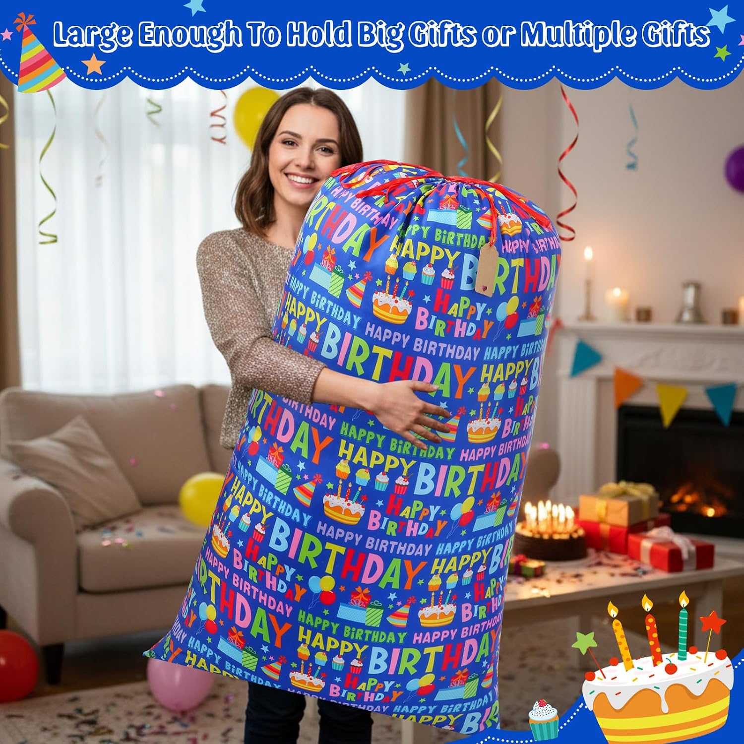 Pickmesh 1 Pcs Happy Birthday Drawstring Gift Bag 35 x 55 Inch Extra Large Baby Shower Bag Reusable Fabric Baby Shower Wrapping Pouch for Gender Reveal Gift Wrapping Decoration(Blue Birthday) image 4
