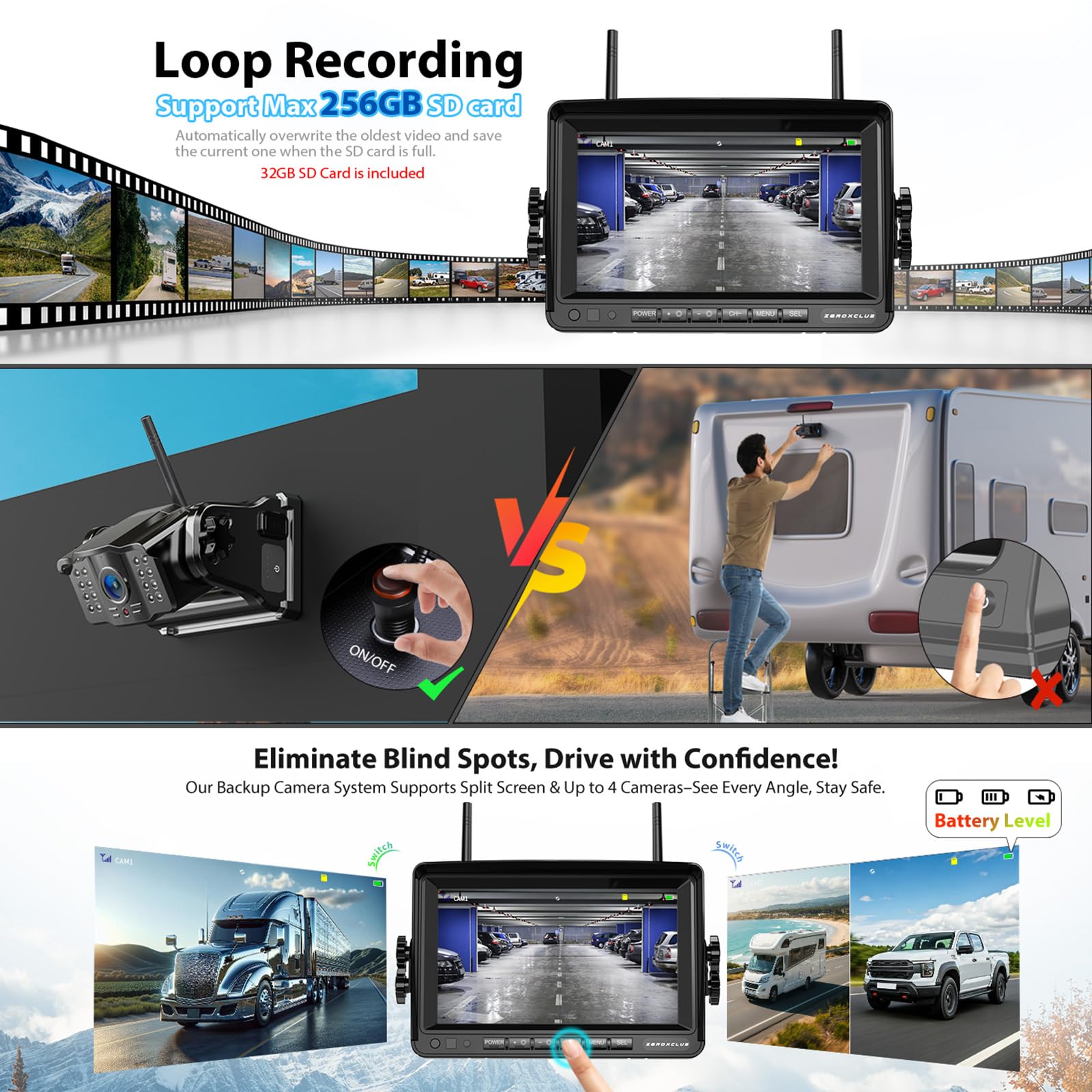 Rückfahrkamera Kabellos Funk 7 Zoll 1080P FHD Monitor 9600mAh Akku IP69K Wasserdicht für Wohnmobile Anhänger LKWs