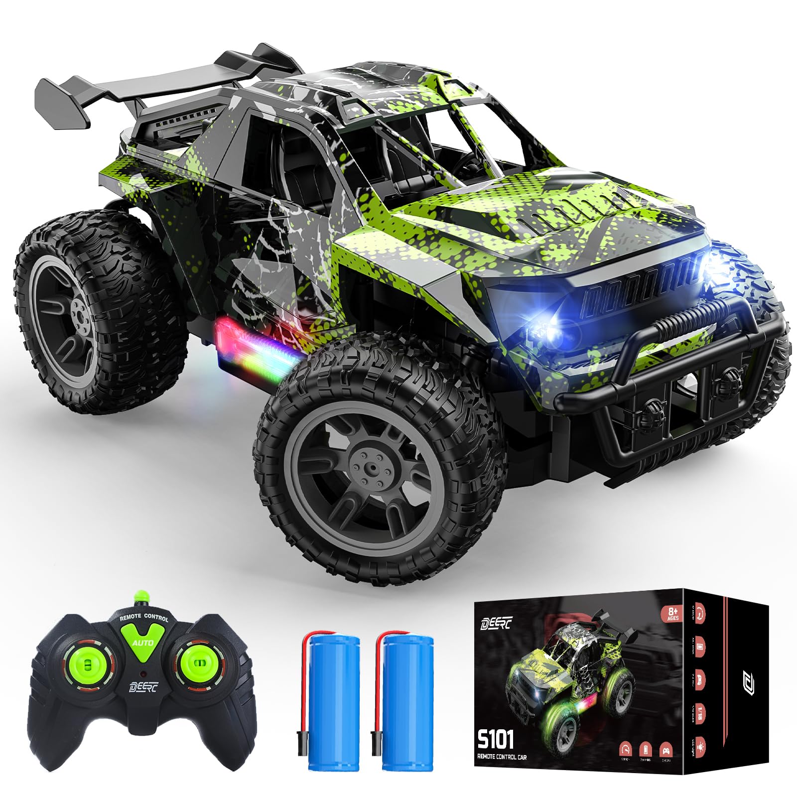 DEERCRemote Control Car with LED Colorful Lights, 1:18 RC Truck for Boys, 2.4Ghz Monster Truck Toy with 2 Batteries, All Terrain Auto Mode Off-Road Race Car, Toys Gifts for Boys Kids Girls