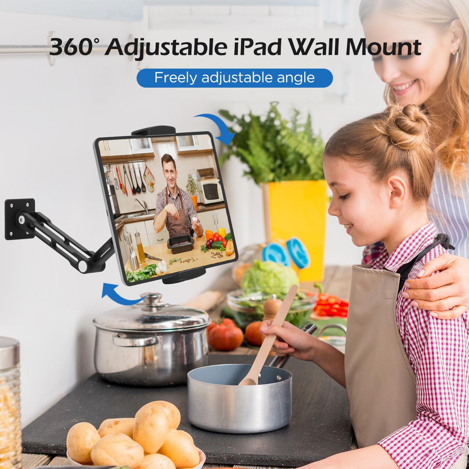 VINATO Support Mural Tablette Rotatif à 360°, Extensible Pliable Support Mural pour iPad Téléphones Tablettes de 4,7 à 13 Pouces, pour Cuisine, la Salle de Sport, Le Bureau, Noir