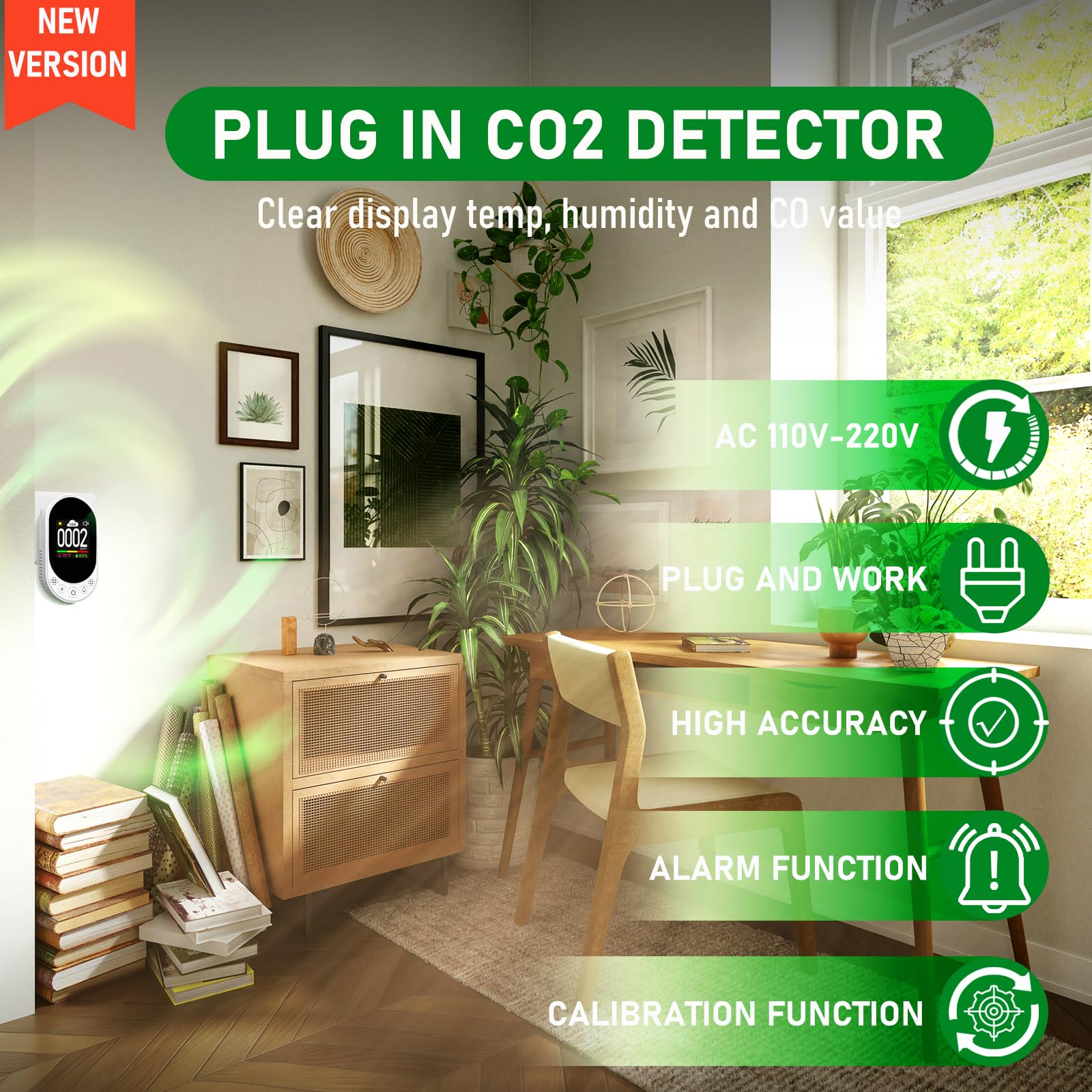 LSENLTY Upgraded CO2 Detector Plug in Wall Design,3 in 1 Air Quality Detector(Temp, Humidity and CO2 Value), High Accuracy Air Quality Monitor with Threshold Reminder and Manual Calibration for Home — Amazon image 5