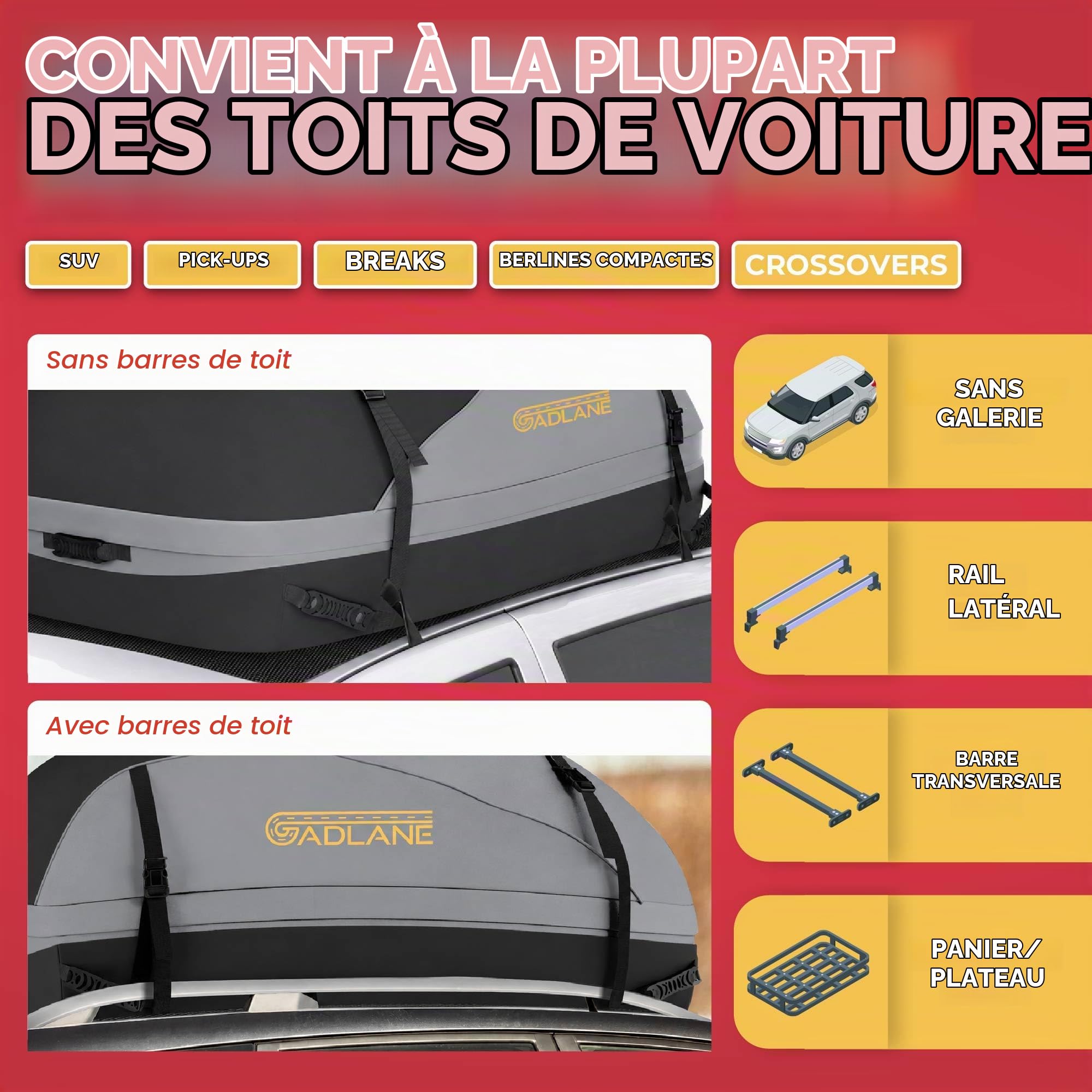 GADLANE Sac de Toit de Voiture - Coffre de Toit étanche 400L (Gris)