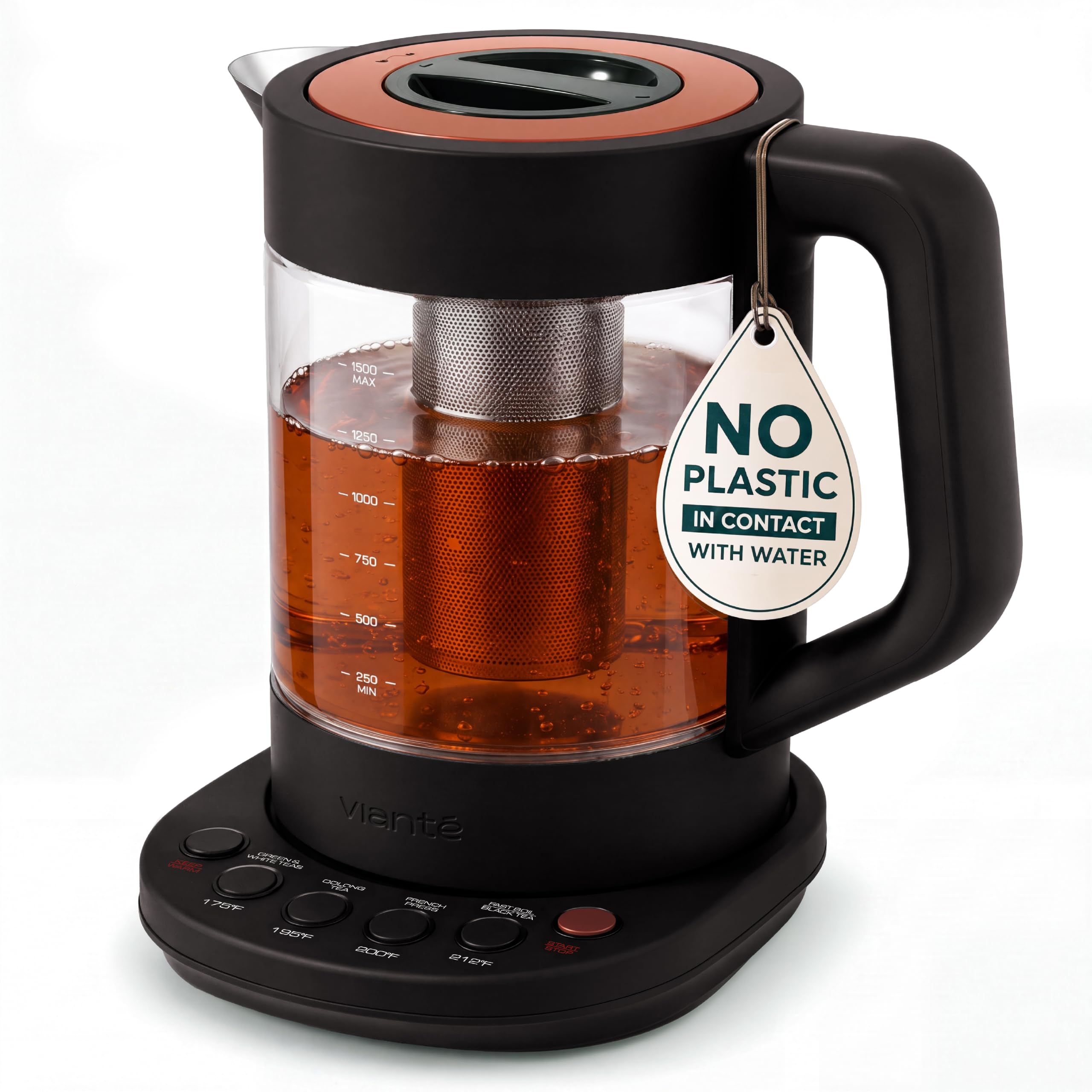 Viante Alba Electric Tea Kettle With Infuser, No Plastic, 1.5L, Black