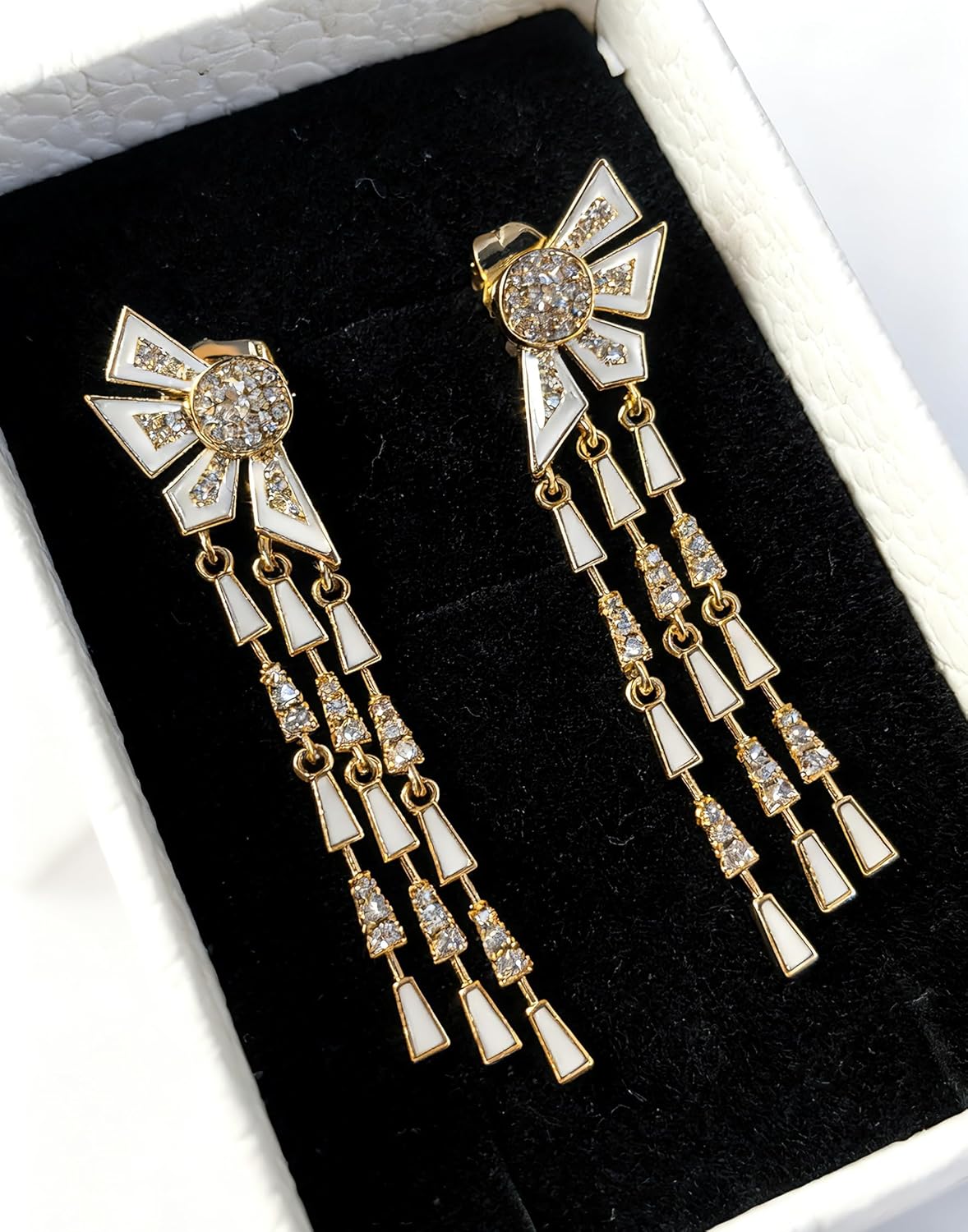 2026Gold-Tone Bowknot Dangle Earrings with Rhinestones & Enamel, Long Tassel Hidden Back Stud Earrings for Women Party Evening Daily Outfit - Image 4