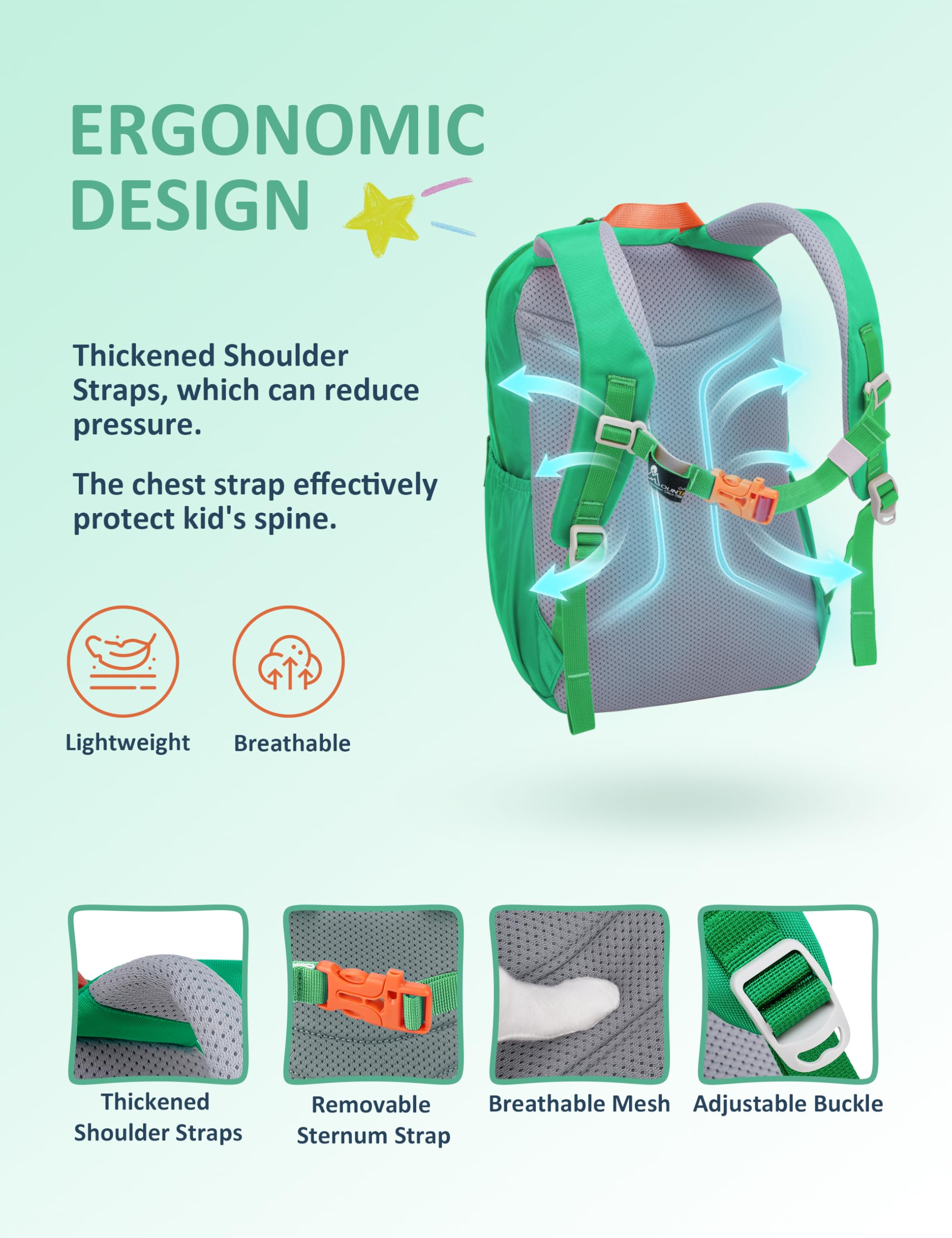 Mountaintop Zaino per bambini, 15 l, con cintura toracica, leggero, per ragazzi e ragazze, ideale per scuola ed escursioni (25 x 14 x 41 cm), ergonomico e traspirante