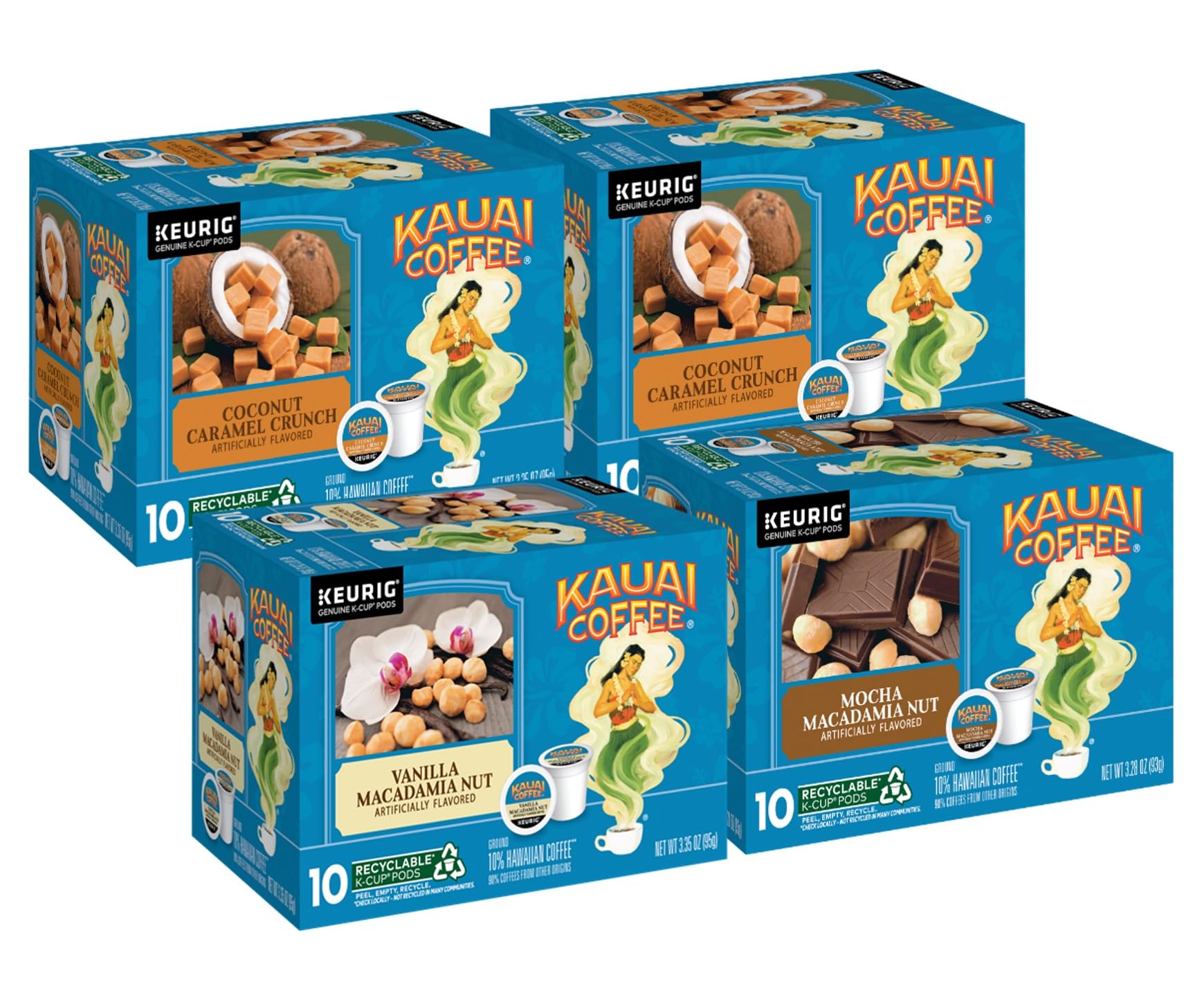 Kauai Coffee K-Cup Pods for Keurig Brewers – Arabica Coffee, 10% Hawaiian – Medium Roast, Rich, Smooth, No Bitterness – Three Flavors, 4 Packs of 10