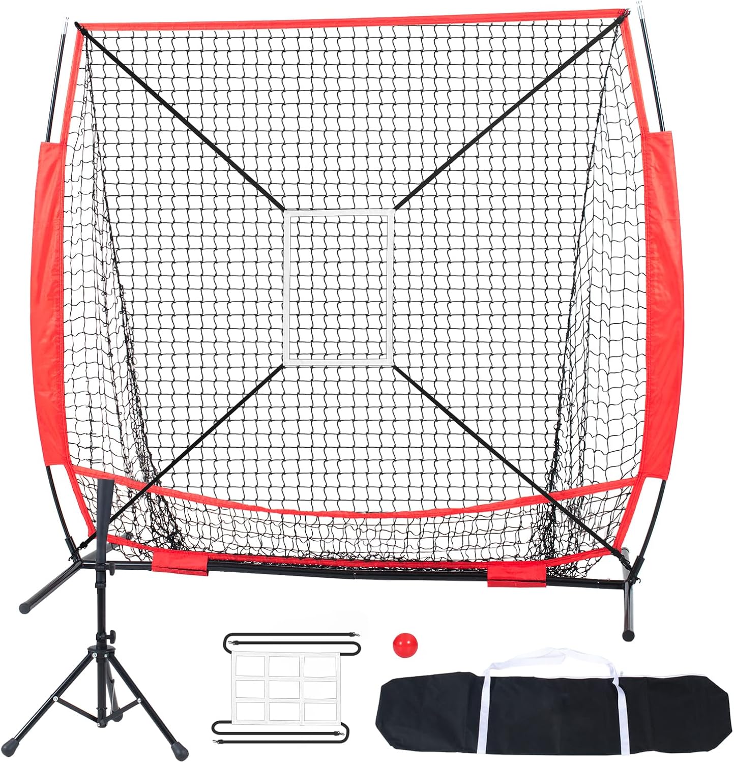 Happybuy 5x5 ft Baseball Softball Practice Net, Portable Training Net for Hitting, Batting, Catching and Pitching. Comes with Bow Frame, Carry Bag, Strike Zone, Ball and Batting Tee