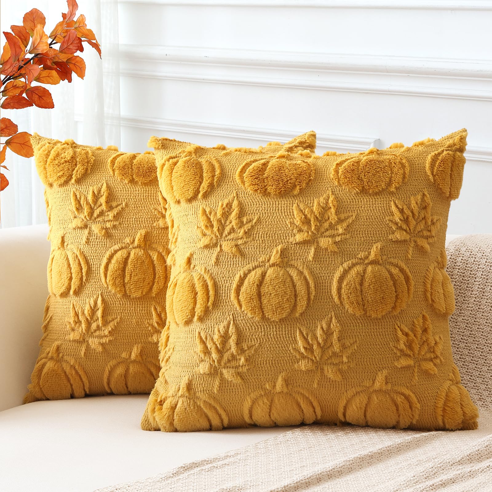 Artscope Fall Cushion Covers Set of 2 Autumn Pumpkin Maple Leaves Throw Pillow Covers for Sofa Couch Bed Living Room Soft Plush Short Wool Velvet Farmhouse Pillowcases 55x55cm Mustard Yellow