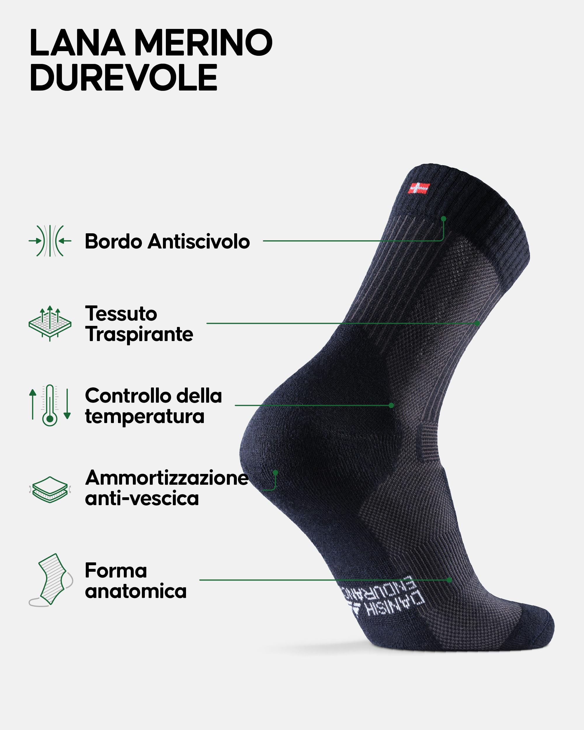 DANISH ENDURANCE Calze Trekking Leggere in Lana Merino, Anti-Vesciche, Traspiranti, da Uomo, Donna, Bambino, 3 Paia