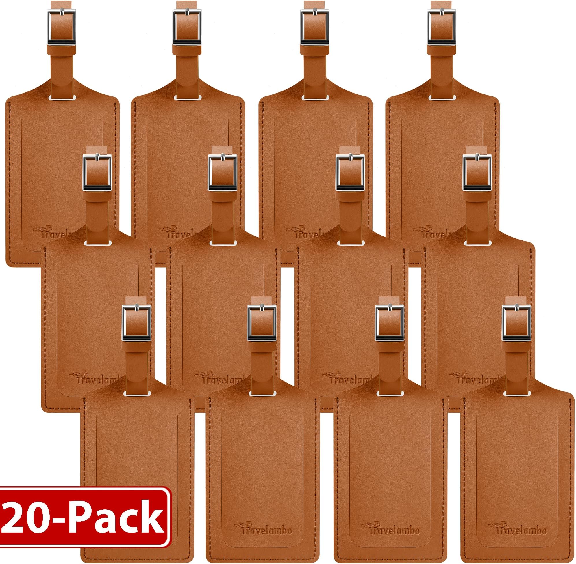 Travelambo 20 Pack Luggage Tags for Suitcases Privacy Protection Bag Tags Faux Leather Travel Accessories Essential, Yellowish Brown
