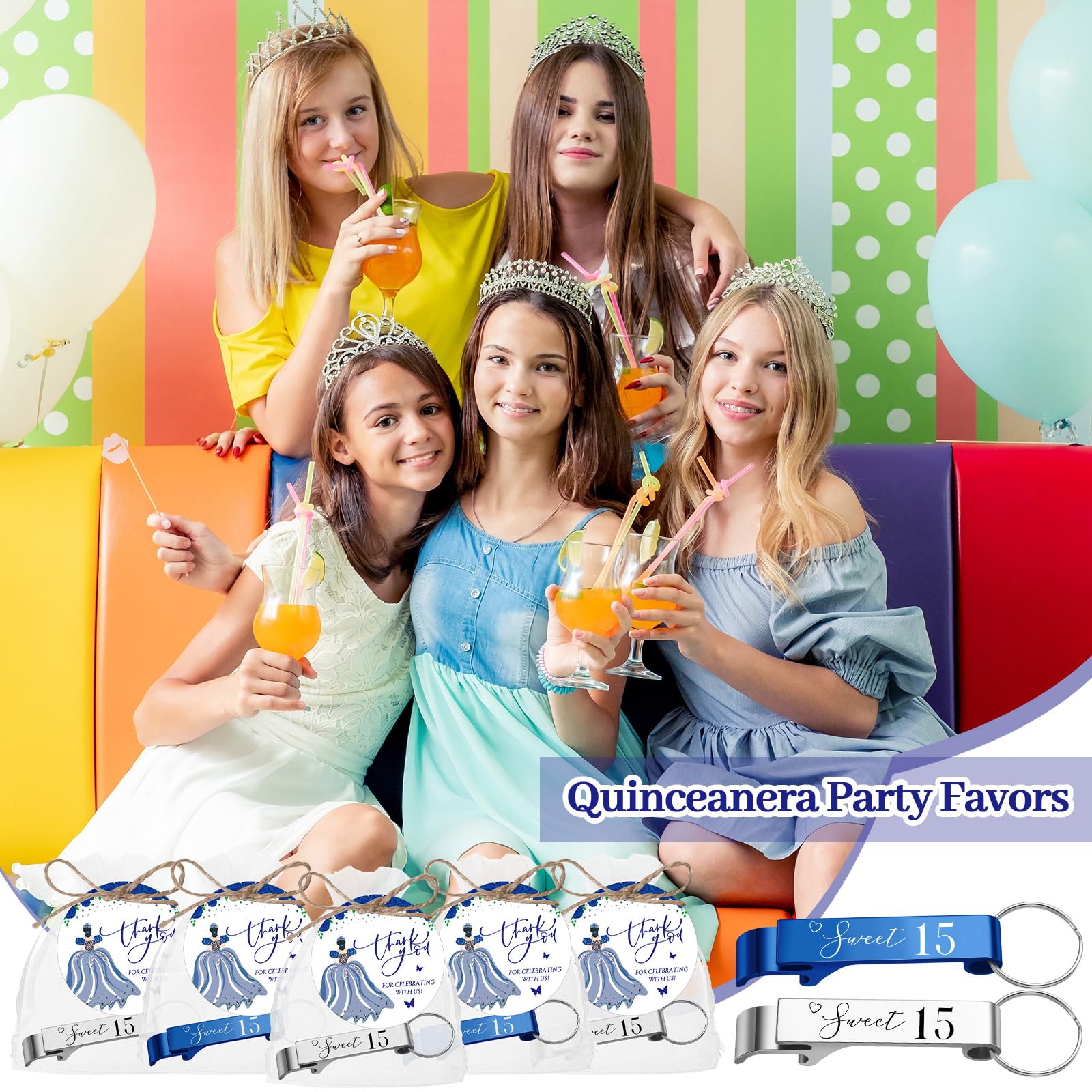 Dandat 50 Sets Quinceanera Party Favors for Guests Sweet 15 Bottle Opener Keychain with Thank You Cards Organza Bags Rope Quinceanera Gift for 15th Birthday Party Favor Guests (Blue,Silver)