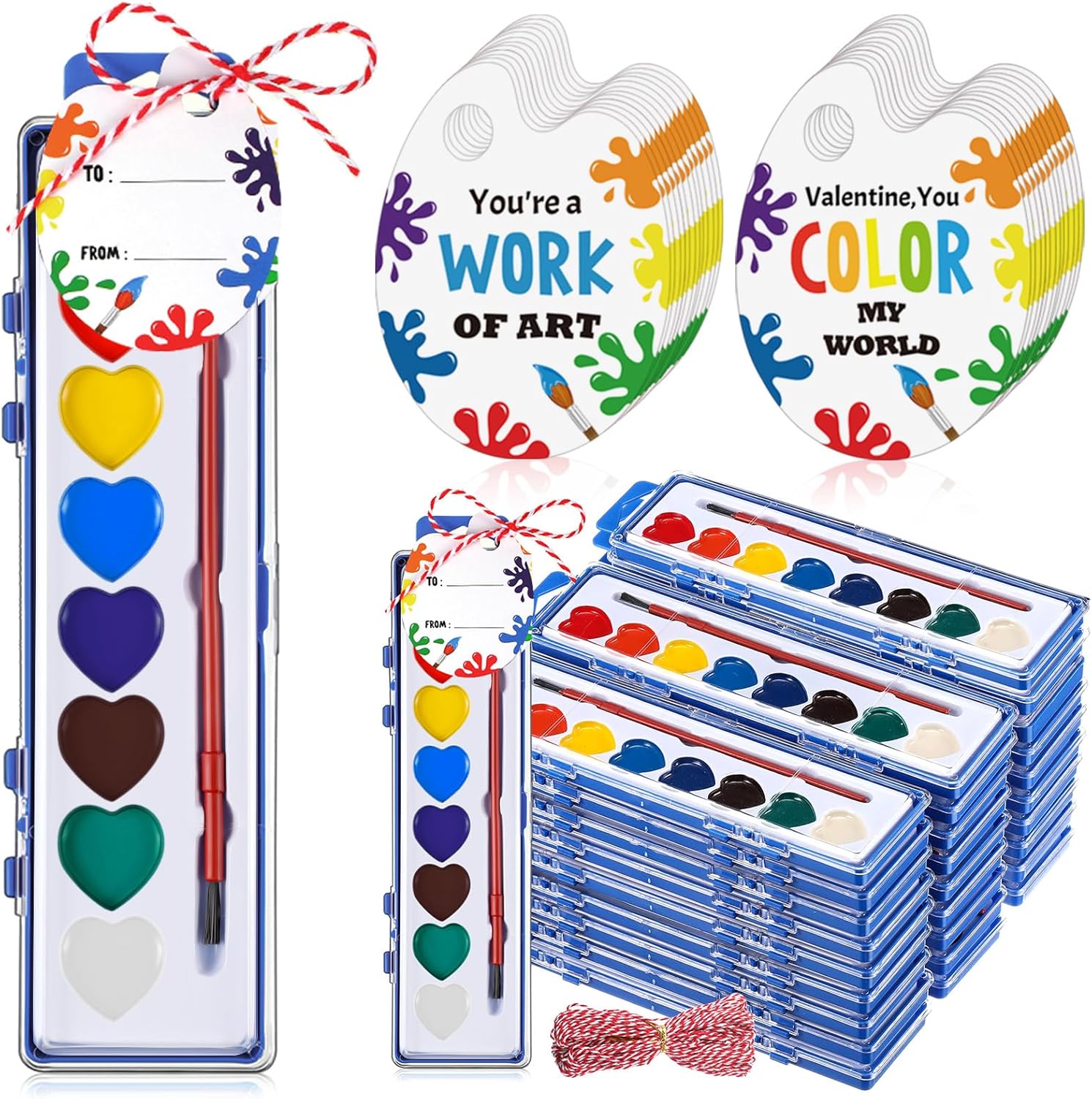 Sabary 30 Pack End of School Year Gift for Student Watercolor Paint Set Bulk with Card and Rope 8 Washable Watercolor Paint with Brush for Last Day of School Classroom Kid Art Party Favor (Heart)