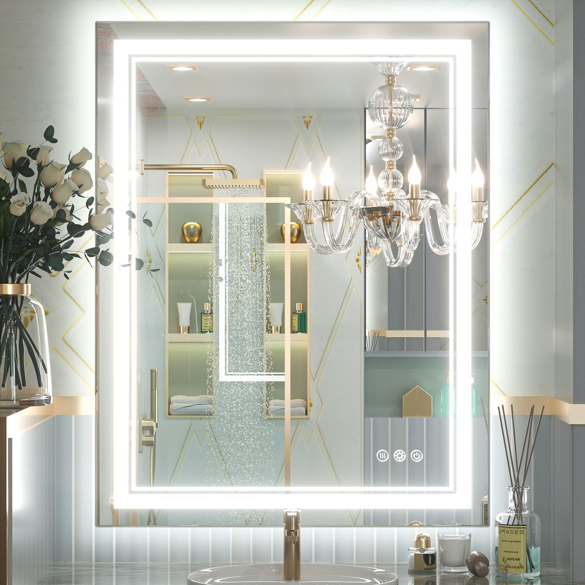 Keonjinn LED Bathroom Mirror with Light, 28x36 in Frontlit and Backlit, Stepless 3 Colors Temperature & Dimmable Wall Mirror, UL Listed LED Driver, Double LED Strips, Tempered Glass LED Vanity Mirror