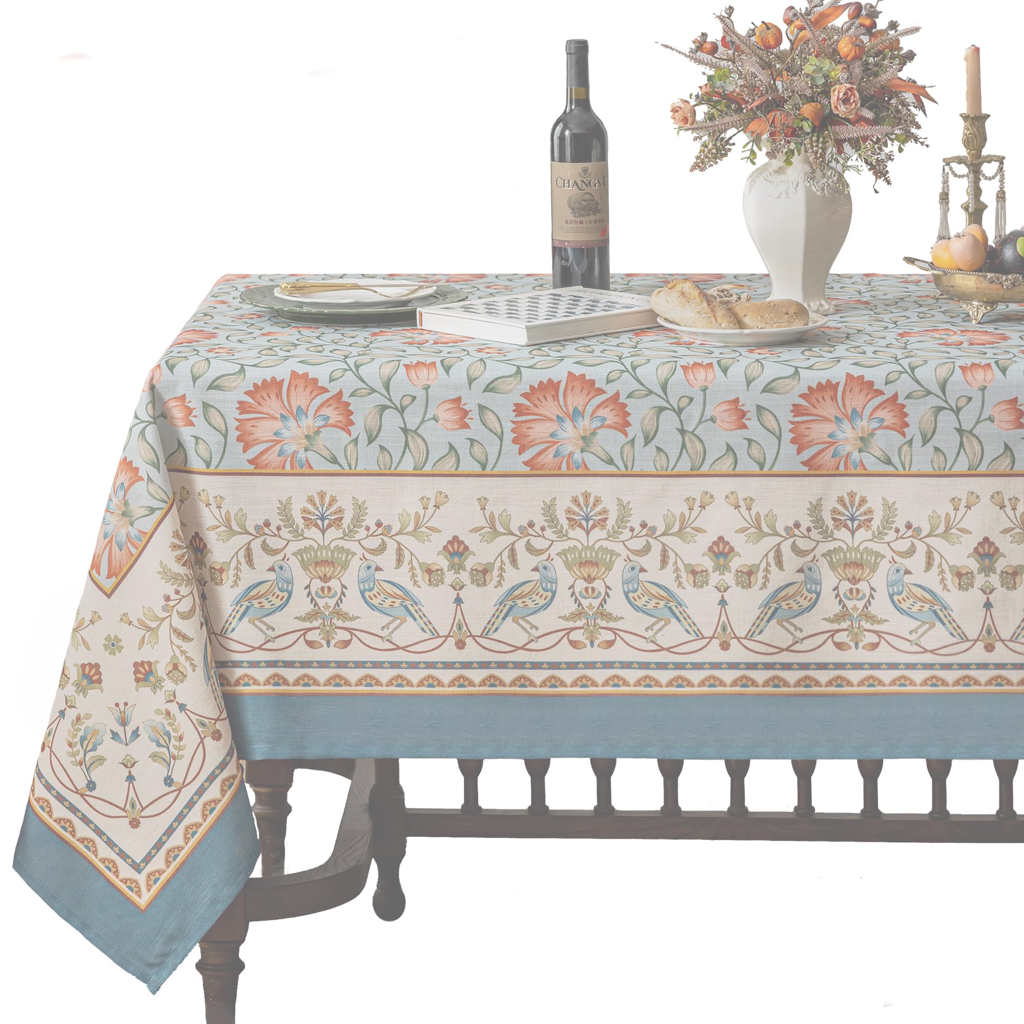 Photo 1 of JIALE Designer Vintage Tablecloth Rectangular, French Floral and Birds Patterned Table Cloth Linen Textured Wrinkle Resistant Colorfast for Farmhouse Dining Garden Tea Party, 60 x 80 inch