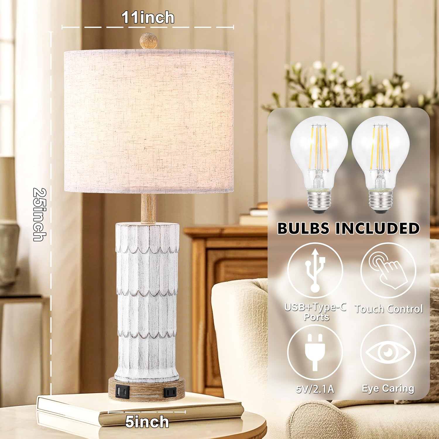 25" Grey Farmhouse Lamps for Living Room Single, 3 Way Touch Control Rustic Bedside Table Lamp with USB A+C Ports & AC Outlet, Bedroom Gray End Table Night Stand Vintage Lamps