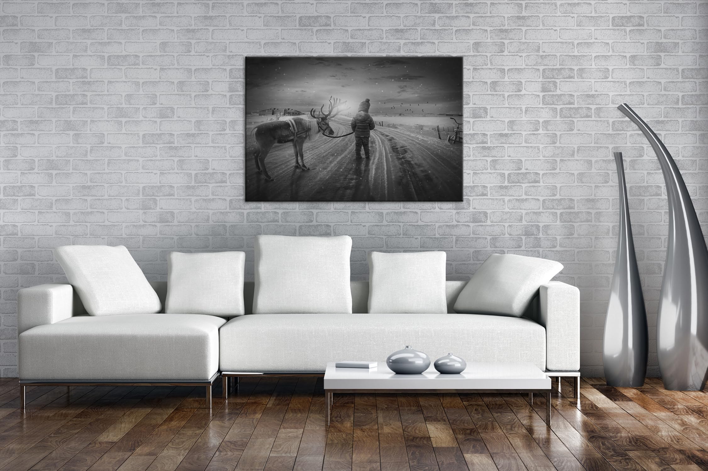 deyoli Viaje de invierno con un reno. Formato: 90 x 60 cm. Efecto: negro/blanco como lienzo, diseño enmarcado sobre marco de madera auténtica, impresión digital de alta calidad con marco