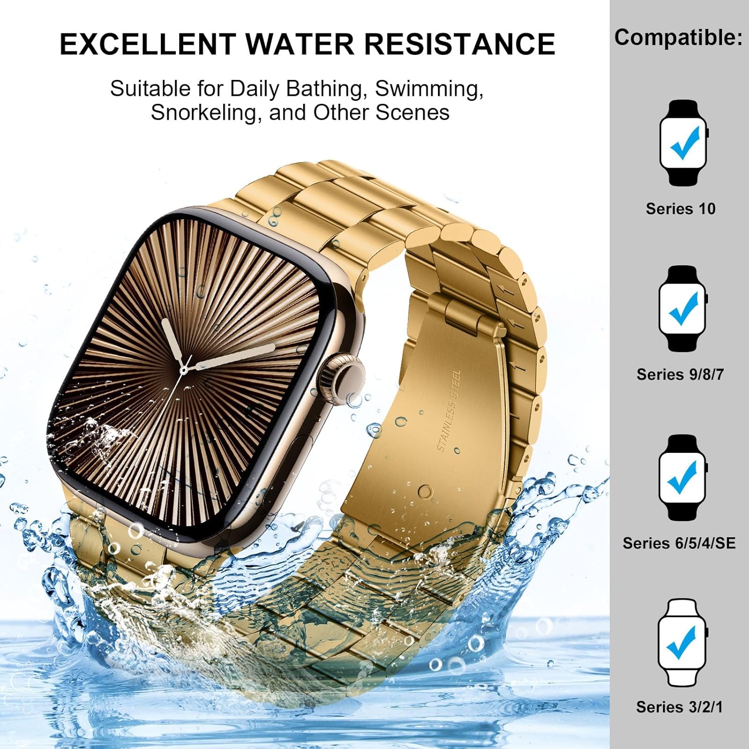 HITZEE Compatible with Apple Watch Band 46/45/44/42mm Business Stainless Steel Metal Strap Men Women Link Bands Compatible for iWatch SE3-1 Series 11 10 9 8 7 6 5-1, 42/44/45/46mm Gold - Image 6