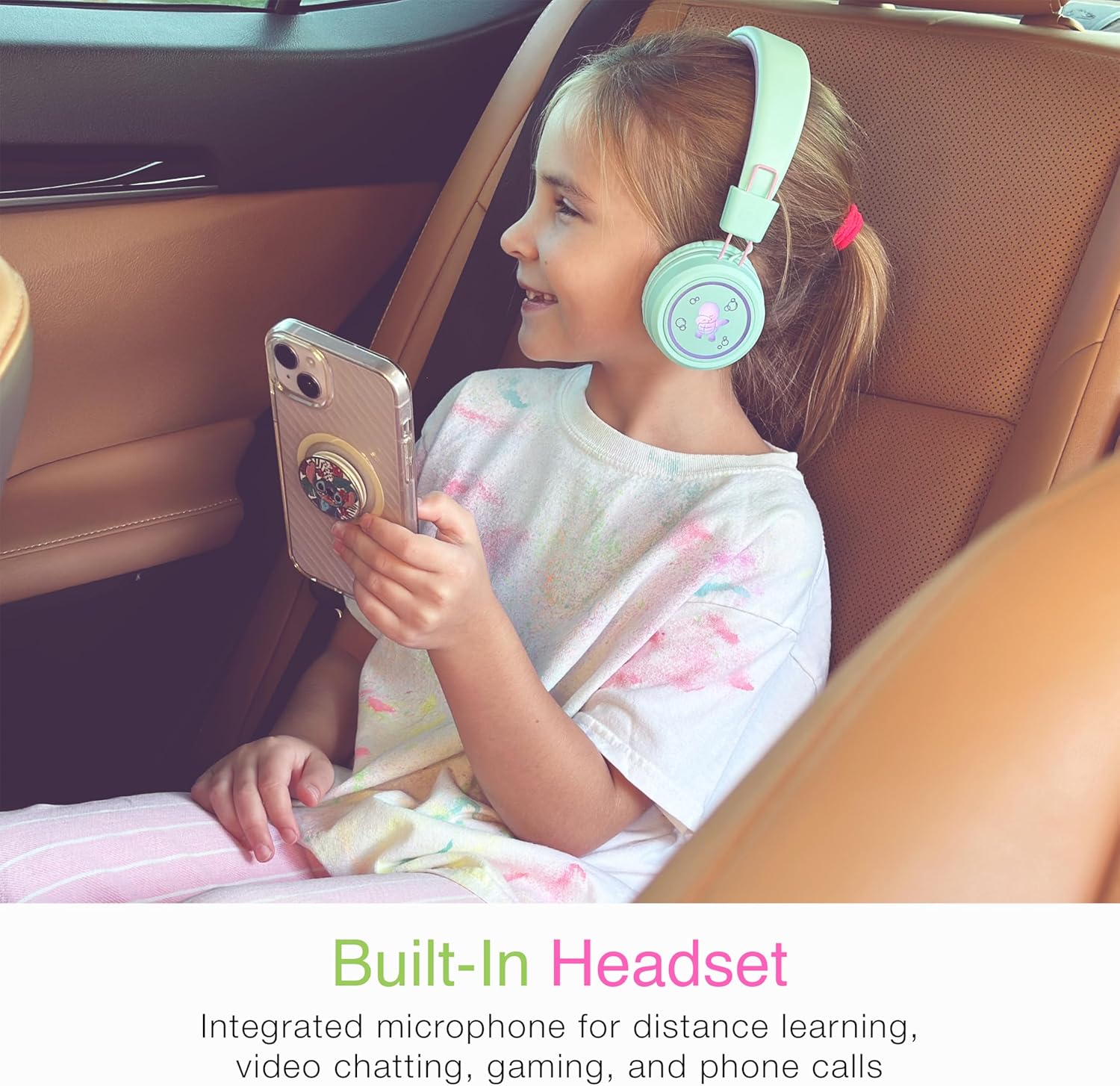 MEE audio KidJamz KJ55BT Personalized Bluetooth Wireless Safe Listening Headphones for Kids w/Custom LED-Backlit Design, Volume Limiter, Microphone; Kids Headset for School/iPhone/iPad/Tablet (Mint)