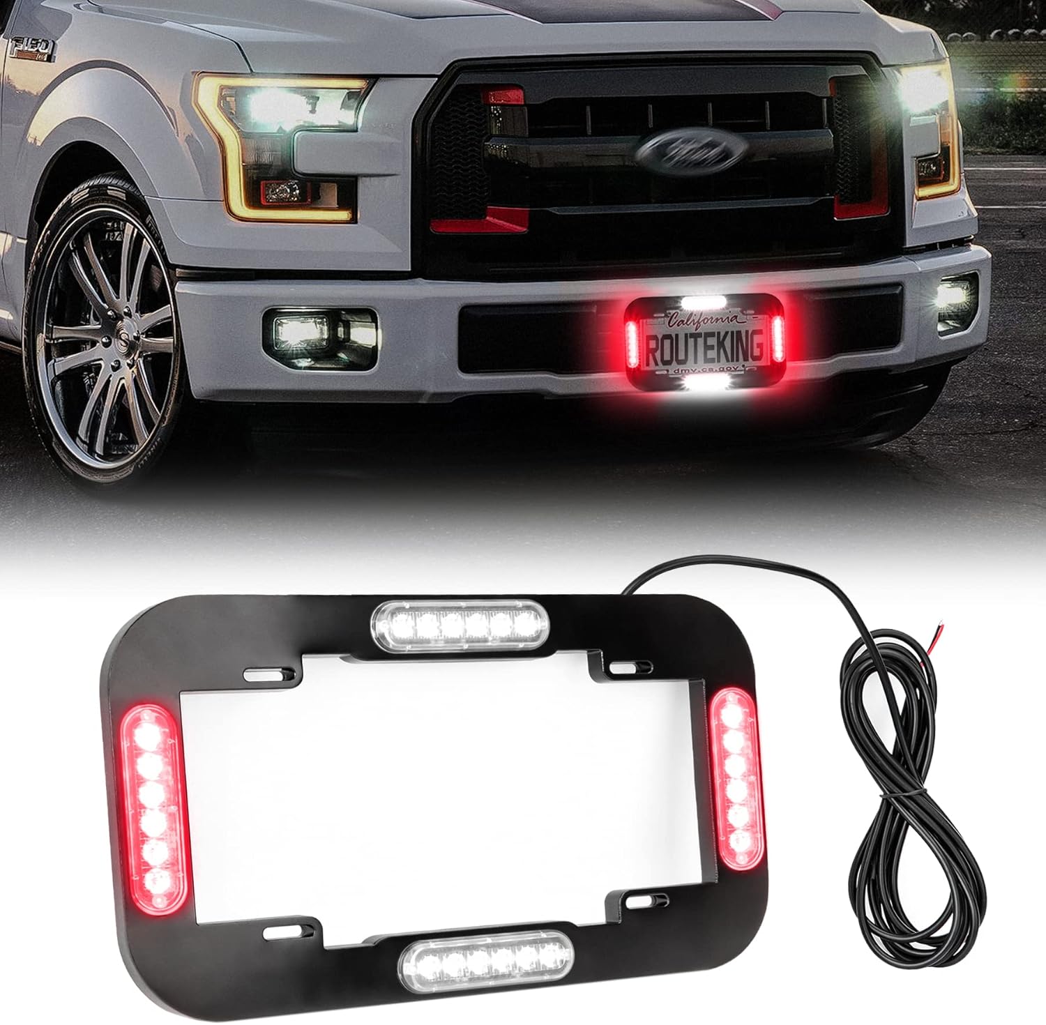 13.5" License Plate Lights Waterproof License Frame Light Strobe Lights for Front/Rear License Plate Decor LED Emergency Safety Warning Light for Vehicles Cars (Red/White, 12V)