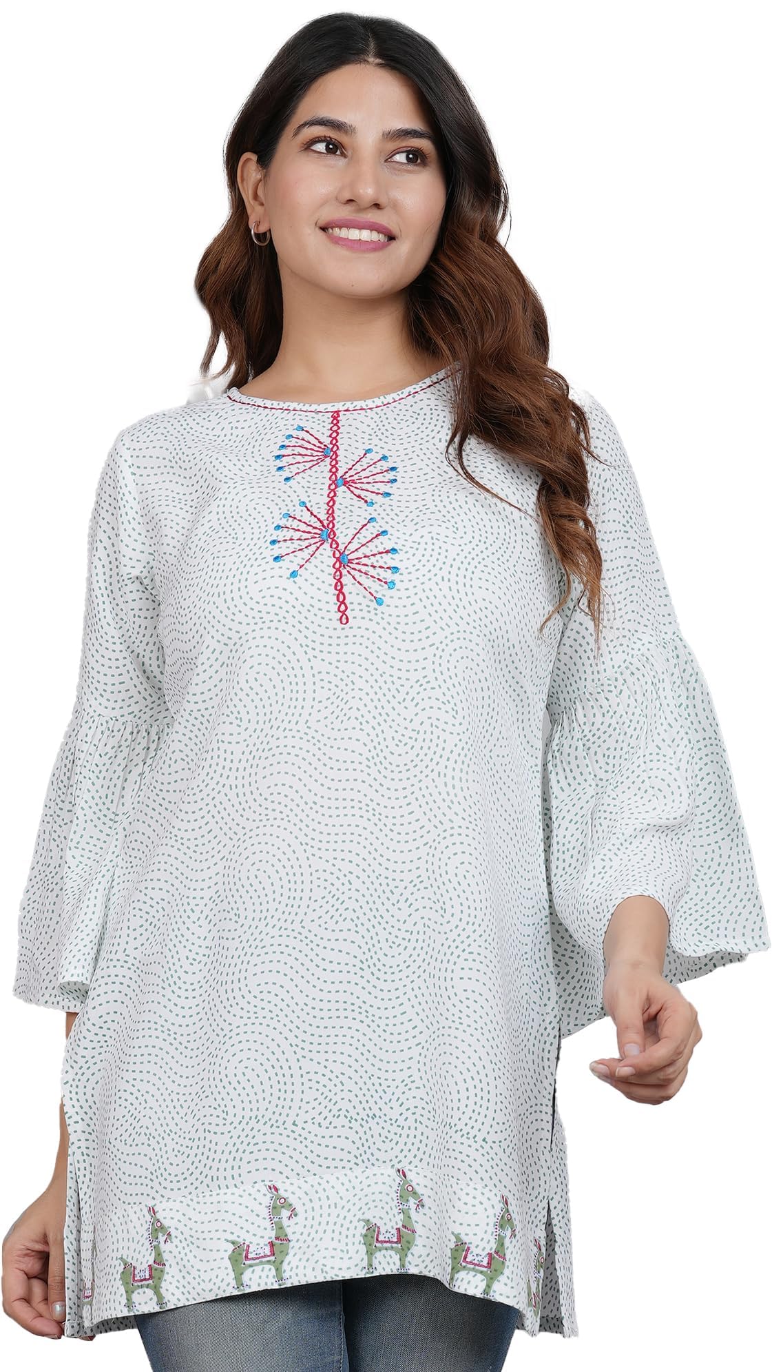Yash Gallery Women's Rayon Embroidered Geometrical Blouse Hip Length Bell Sleeve Short Kurta Top for Valentine’s Day