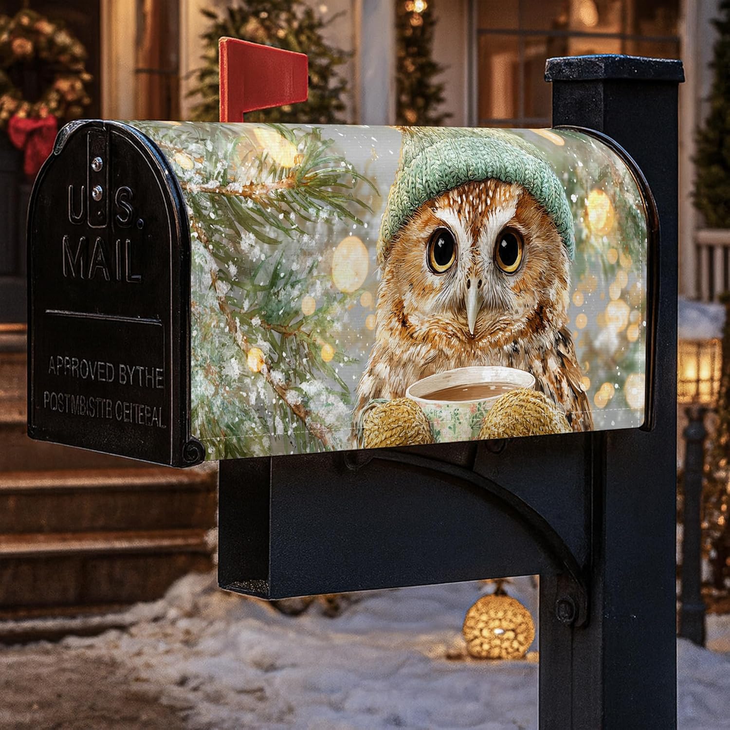 Owl Magnetic Mailbox Covers, Winter Rustic Pine Branches Snowflakes Winter Brown Mailbox Wraps for Outdoor Garden Yard Decor 21x25.5 Inch
