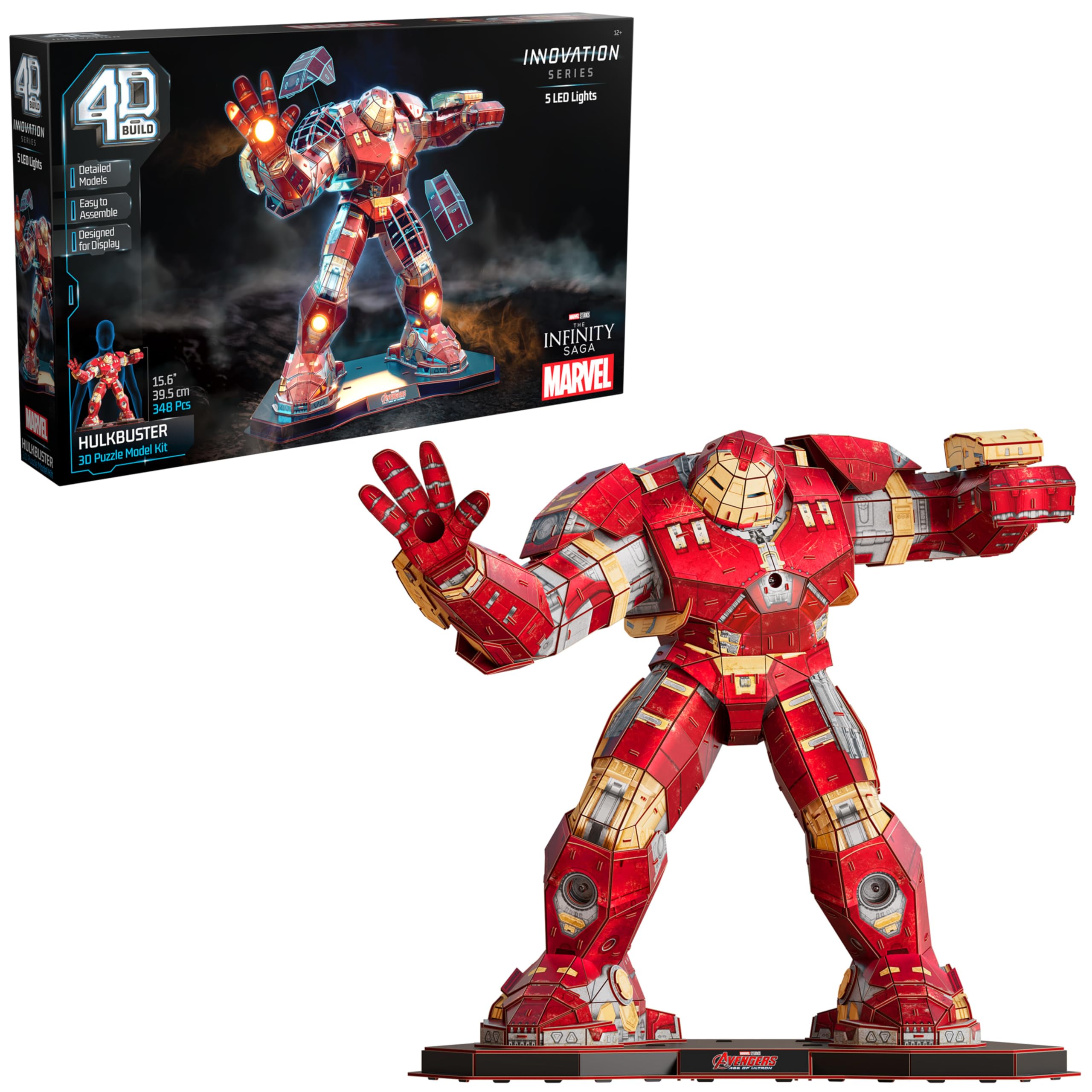 4D Build, Marvel Hulkbuster 3D Model Kit with LED Lights, Innovation Series, Marvel Collectibles & Desk Décor, Adult Puzzle, Building Toys, 3D Puzzles for Adults & Teens, 348 Pieces, for Ages 12 & Up