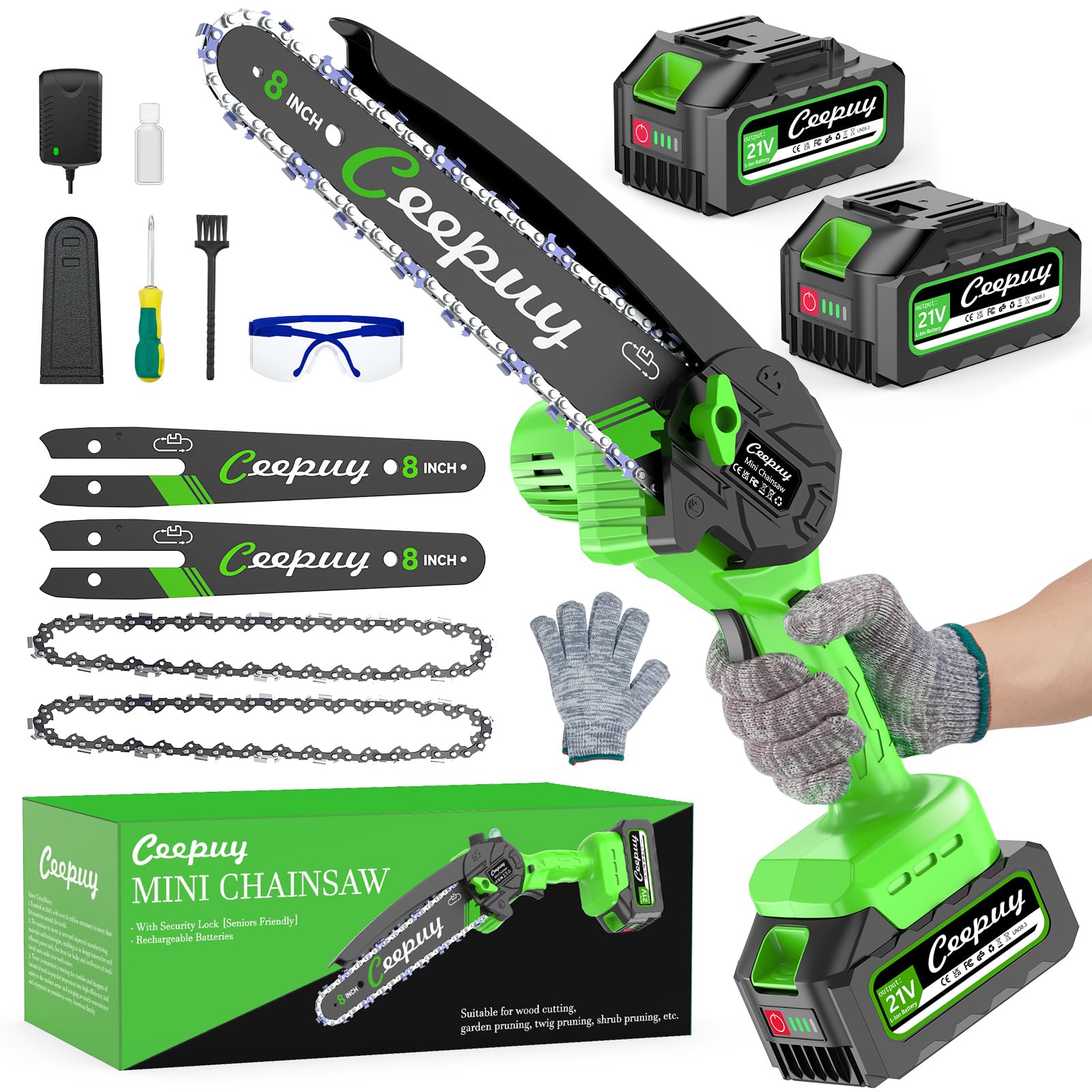 8 Pulgadas Mini Motosierra Inalámbrica 2x4000mAh Batería Sierra Eléctrica de Mano con Cadena Acero al Manganeso y Engrasador Automático Motosierra Pequeña Portátil para Podar Árboles y Cortar Madera