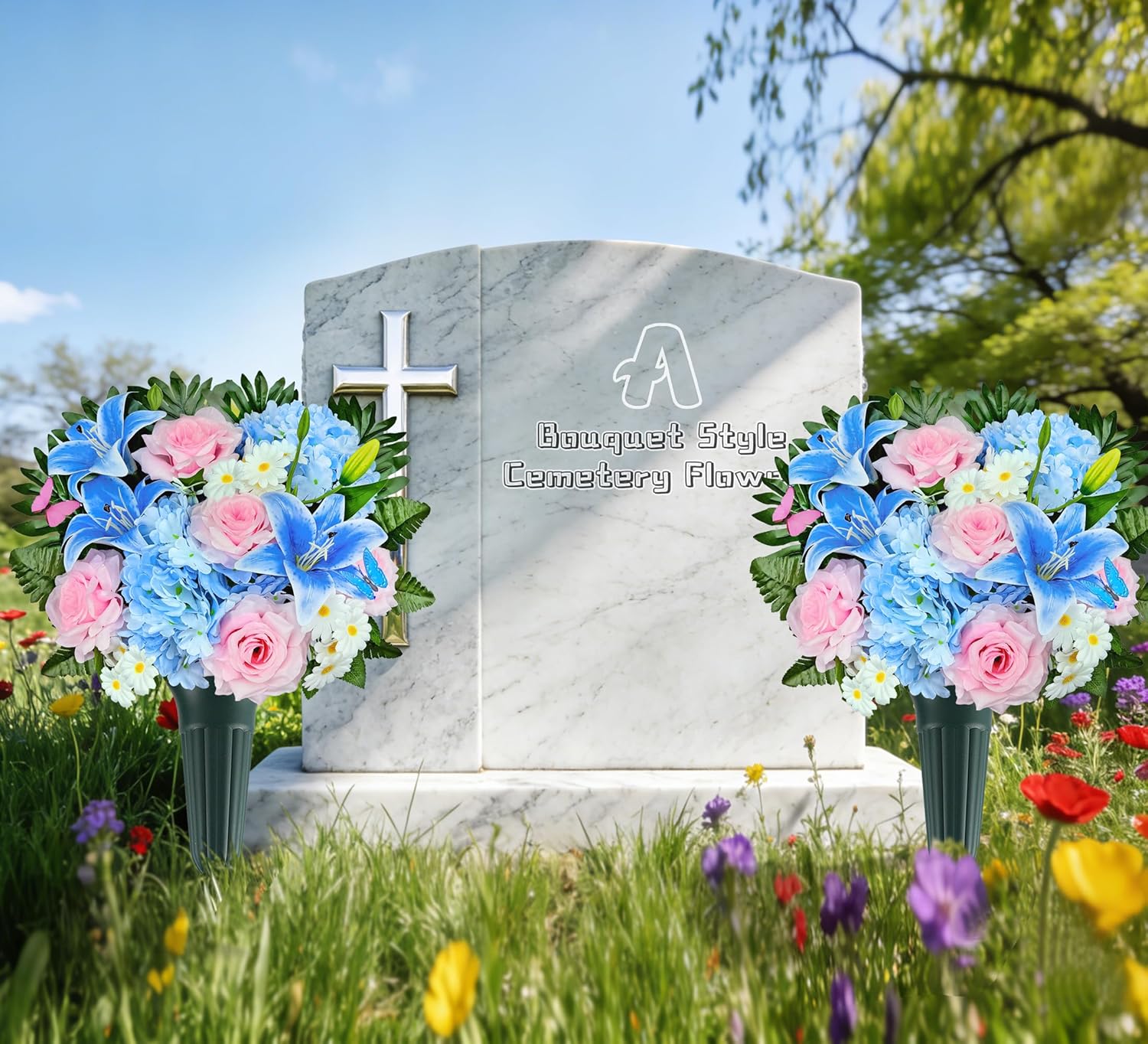 Artificial Cemetery Flowers,Memorial Flowers,Beautiful Arrangements for Headstones,Silk Hibiscus Rose Berries