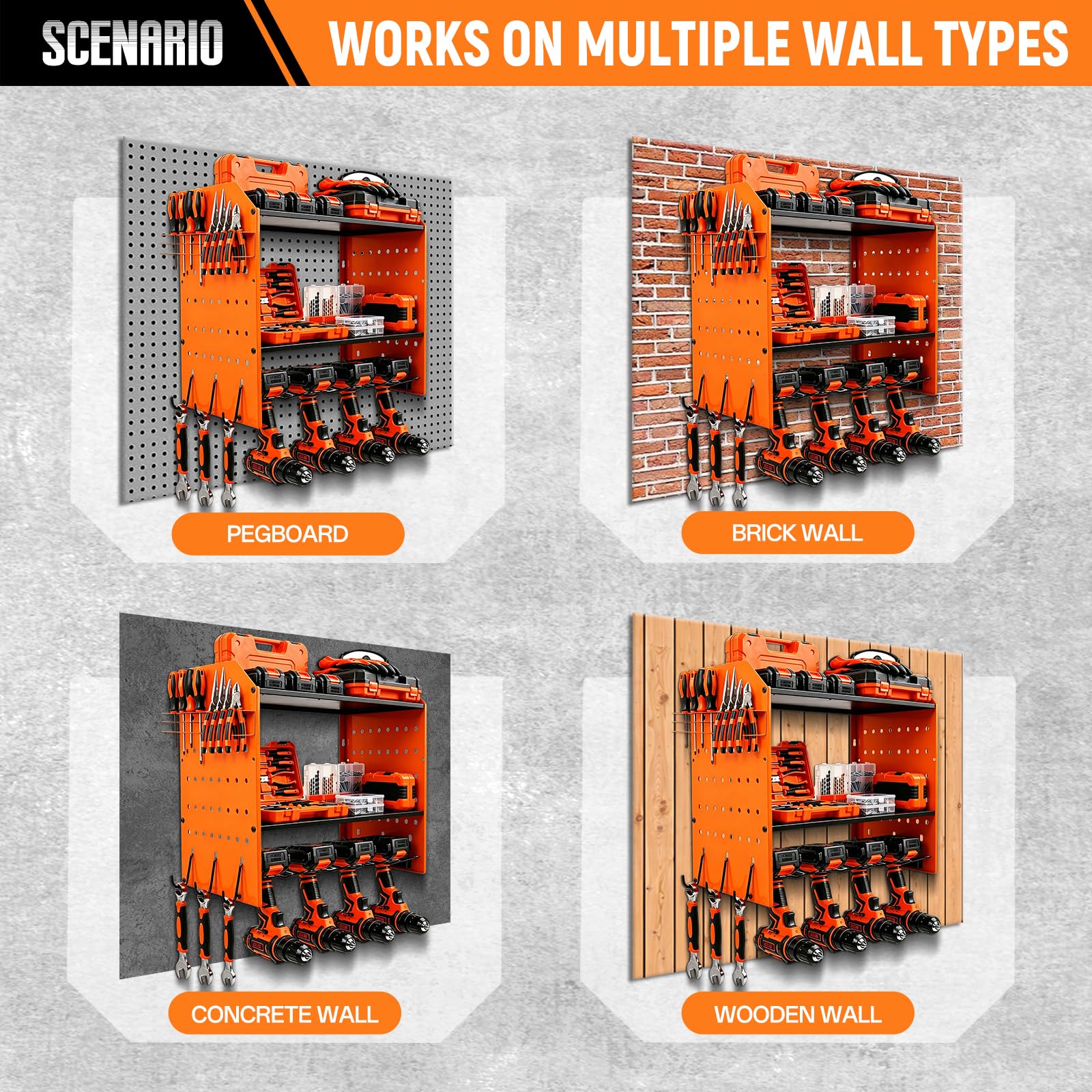 Soporte de pared para herramientas de 4 niveles, caja de almacenamiento para 4 herramientas eléctricas, taladro de impacto, portaherramientas para garaje y taller (naranja)