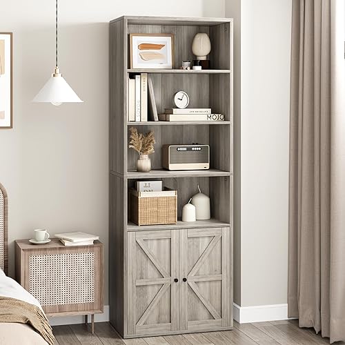 Miniatura 8 de Knowfunn Estantería con puertas de granja de 11.8 pulgadas de profundidad, estantes de almacenamiento de madera de 71.4 pulgadas de alto, estantes