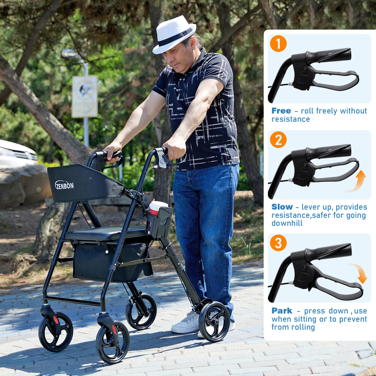 Deambulatore per Anziani con Sduta: Girello 4 ruote in Alluminio - Deambulatore Pieghevole con Pneumatici da 20 cm per tutti i terreni - Rollator da viaggio altezza regolabile in 6 posizioni (Nero)