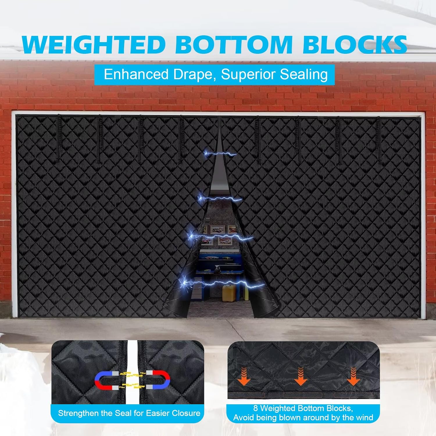 16FT ×7FT Garage Door Screen for Winter Magnetic Thermal Insulated Door Curtain Door Cover for 2 Car Garage Thicken Fiberfill & Durable Oxford Fabric Waterproof Windproof Soundproof