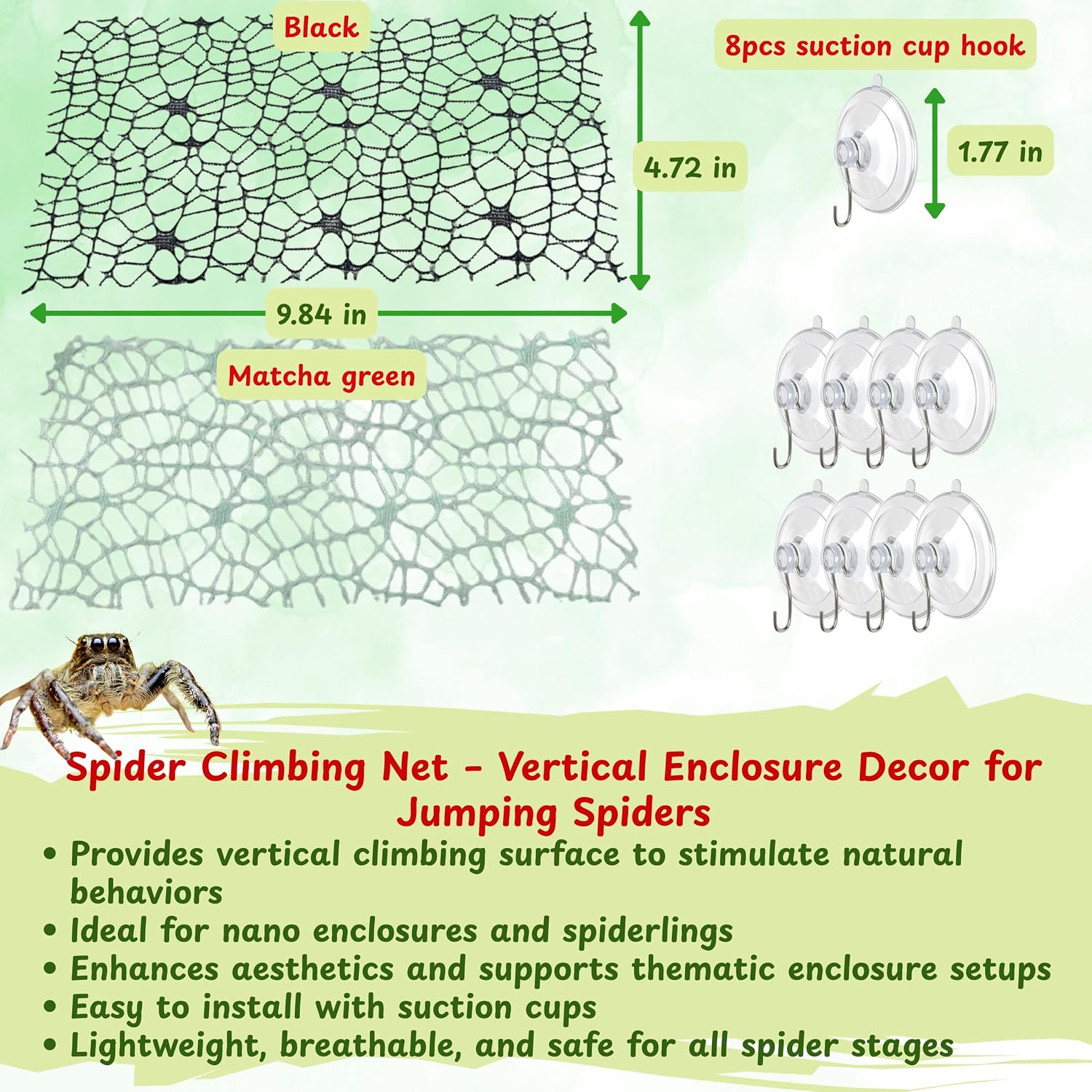 Jumping Spider Tarantula Enclosure Climbing Bridge Decor, Jumping Spider Hideout Rope Bridge 2pcs Climbing Web Net with 8pcs Suction Cups Hook, Accessories For Tarantula Reptile Enclosure (Green) image 2