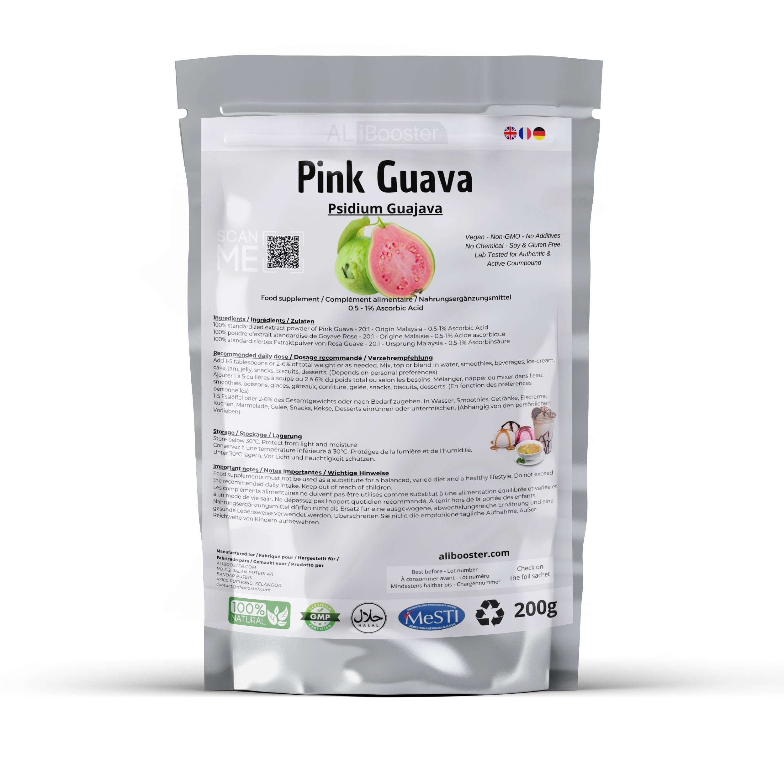 Extracto de guayaba rosa (Psidium Guajava) - Polvo 200g puro 100% natural sin aditivos - Para sopa, bebidas, pastelería