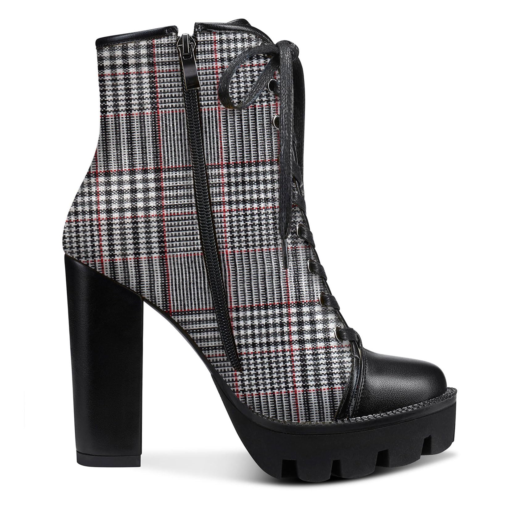 Castamere Womens High Heel Platform Lace Up Booties Chunky Heel Ankle Boots With Zipper Round Toe 12CM Heels: 11.5 Grey Plaid