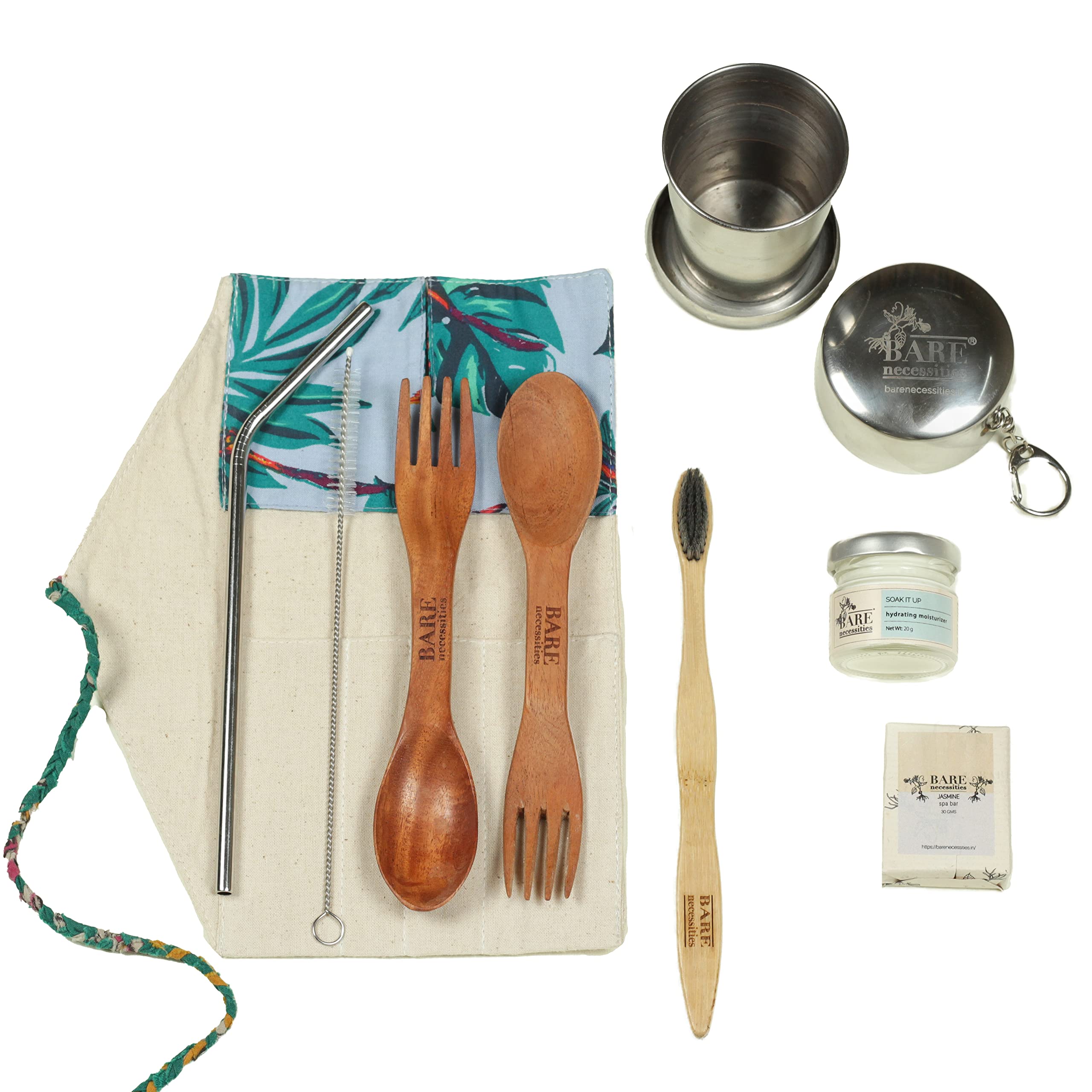 Bare Necessities Zero Waste Travel Kit (Foldable) – Stainless Steel Straw, Spork, Bamboo Toothbrush, Jasmine Soap, Tumbler & Moisturizer, Eco-Friendly Travel Essentials with Upcycled Pouch