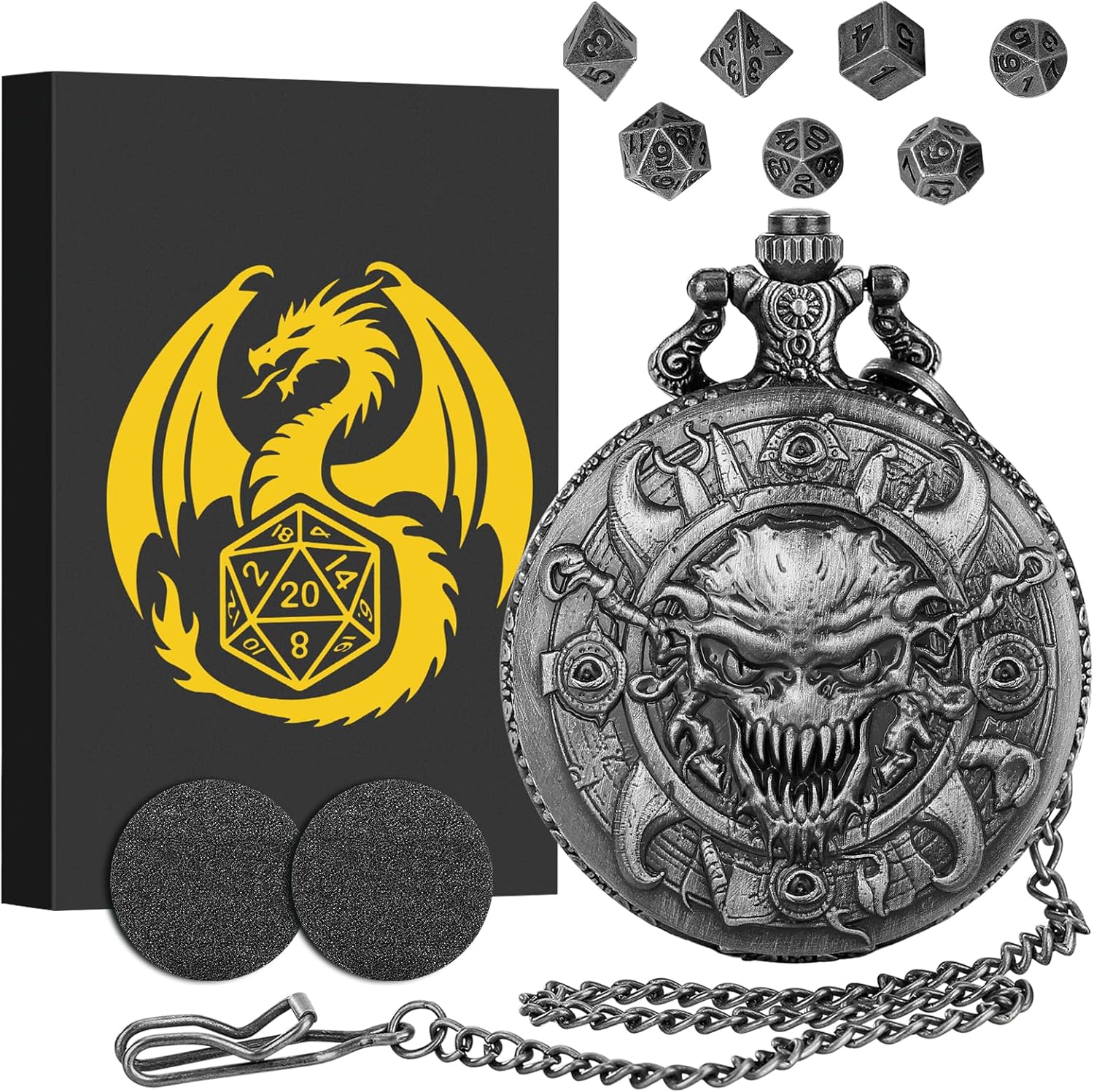 Mini DND Dice Set with Steampunk Warlock Skull Pocket Watch Case, Tiny 7PCS Polyhedral Metal D&D Dice, DND Gifts with Gift Box, Gothic Gifts, Role Playing Game Board Game Accessories Dice, Dark Silver