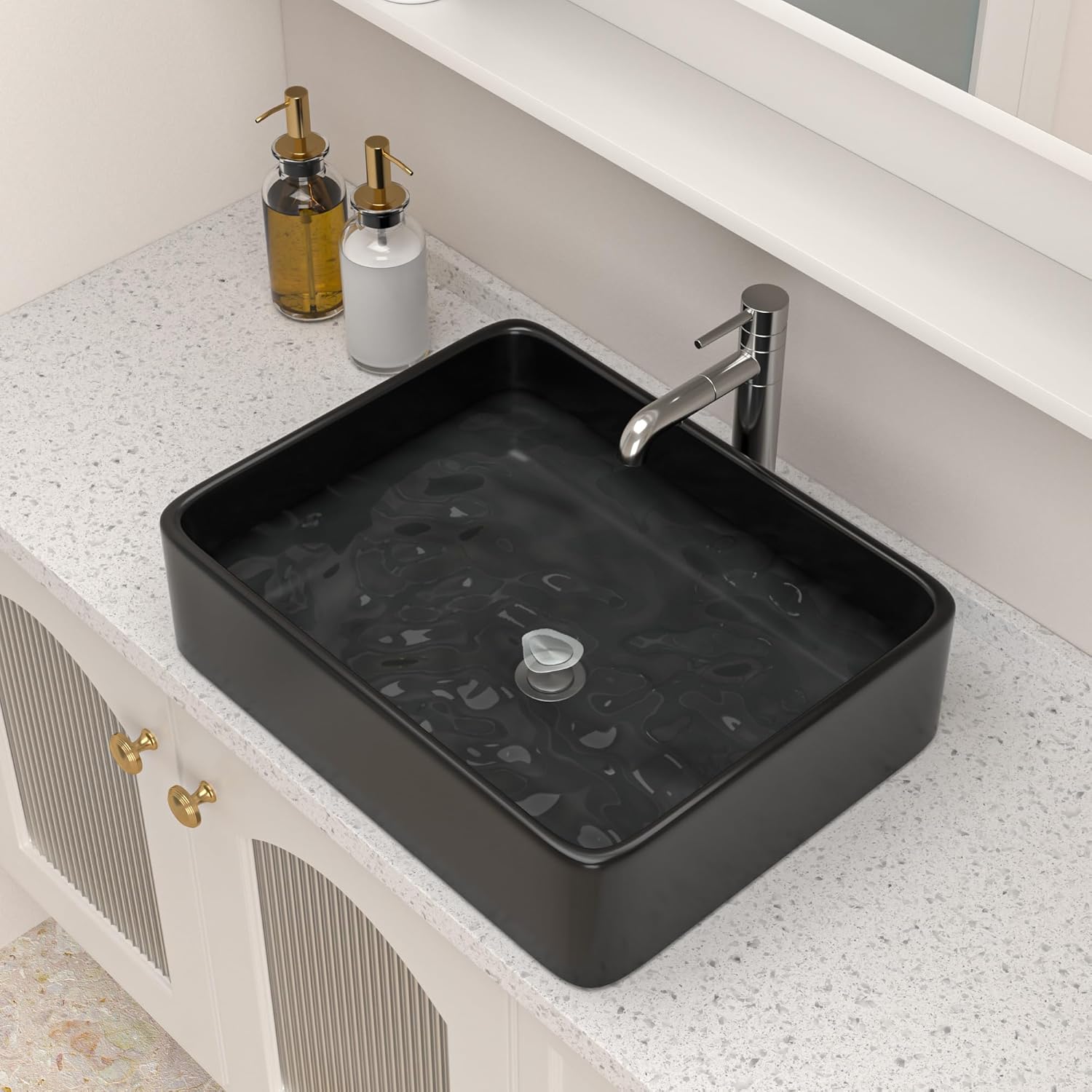 Logmey 19" Black Bathroom Vessel Sink 19x15 Sink for RV Bathroom Large Rectangle Porcelain Ceramic Modern Countertop Above Counter Bathroom Vanity Sink Art Basin