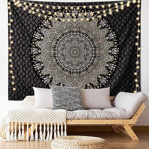Edeesky Tapiz de mandala negro dorado para colgar en la pared, medallón psicodélico, tapiz estético indio hippie, arte bohemio, decoración del hogar