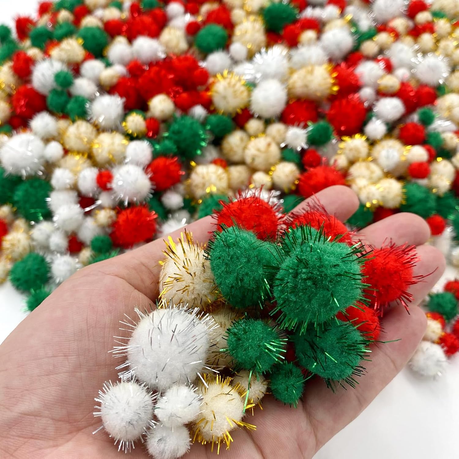Allruyee 1200 Pieces Christmas Pom Pom Tinsel Glitter Pom Pom Balls for Crafts and Decorations(4 Sizes, Gold, White, Red, Green)