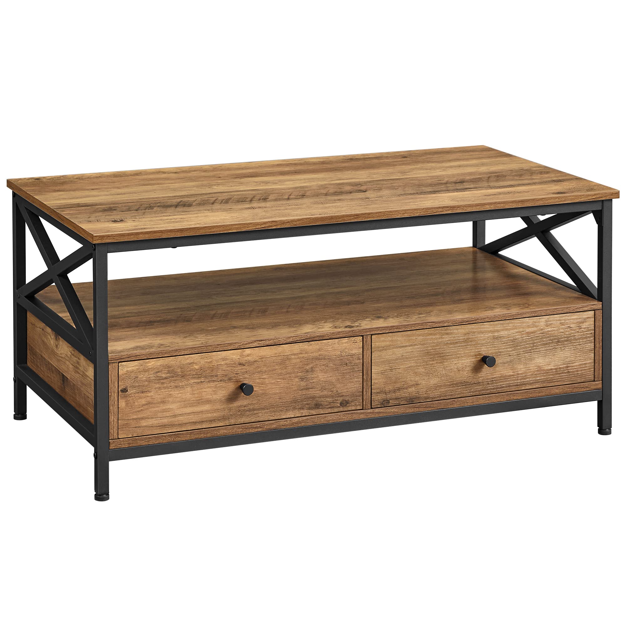 VASAGLE Couchtisch, Wohnzimmertisch, Sideboard, niedrig, mit 2 Schubladen und einem offenen Fach, Stahlrahmen in X-Form, Industriestil